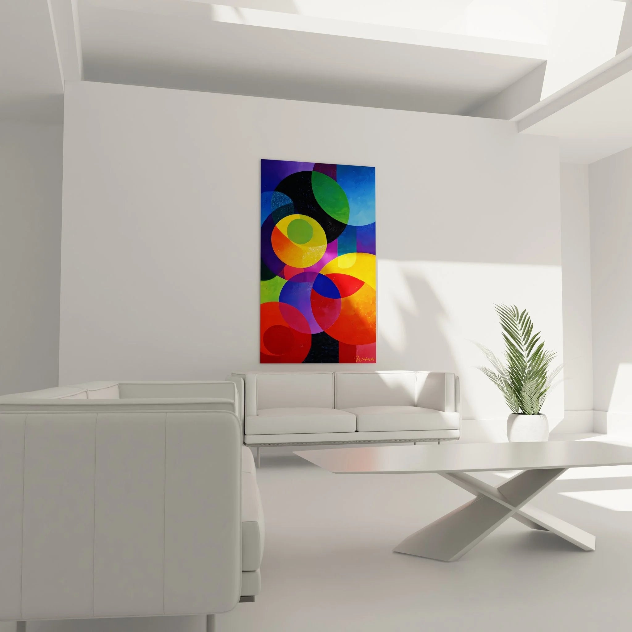 Nahaufnahme geometrische Kreise Wandkunst - Details der farbigen Überlappungen und Transparenzen