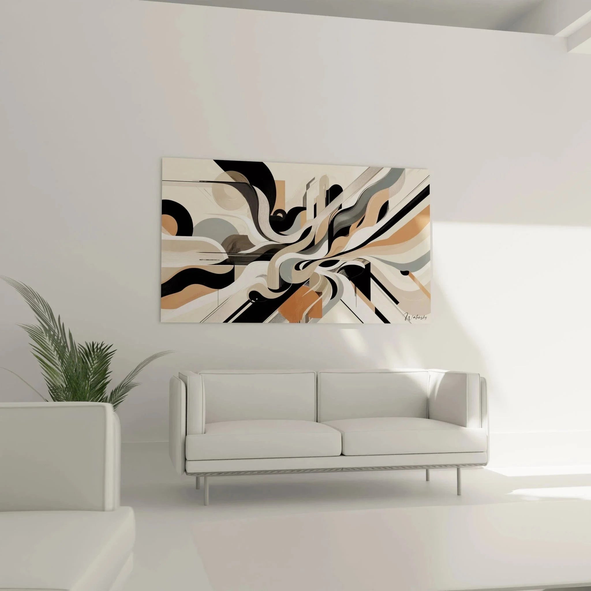 Detailansicht abstrakte Linienformen Wandbild mit warmen Erdtönen und geometrischen Mustern