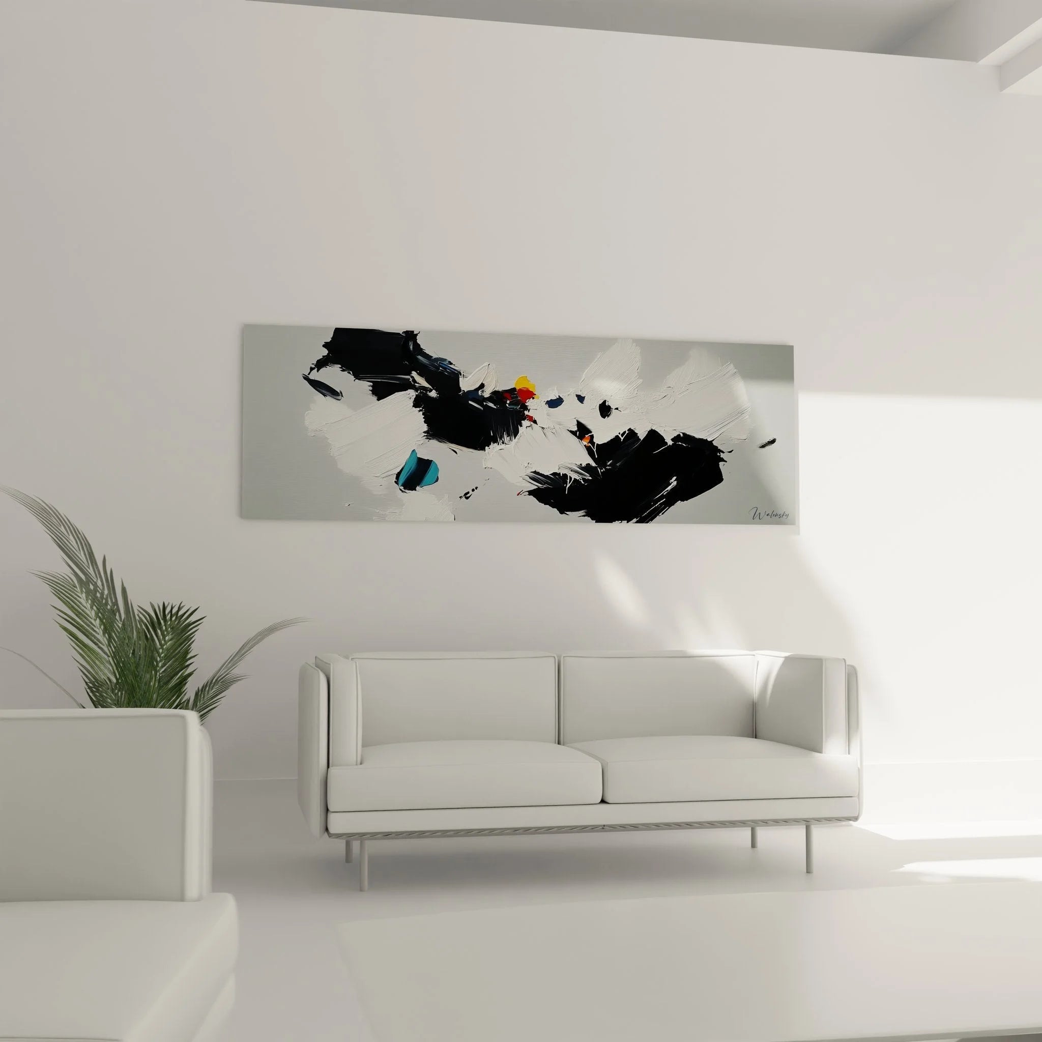 Detailansicht abstrakte Malerei mit Pinselstrichen und Farbakzenten in Gelb Orange