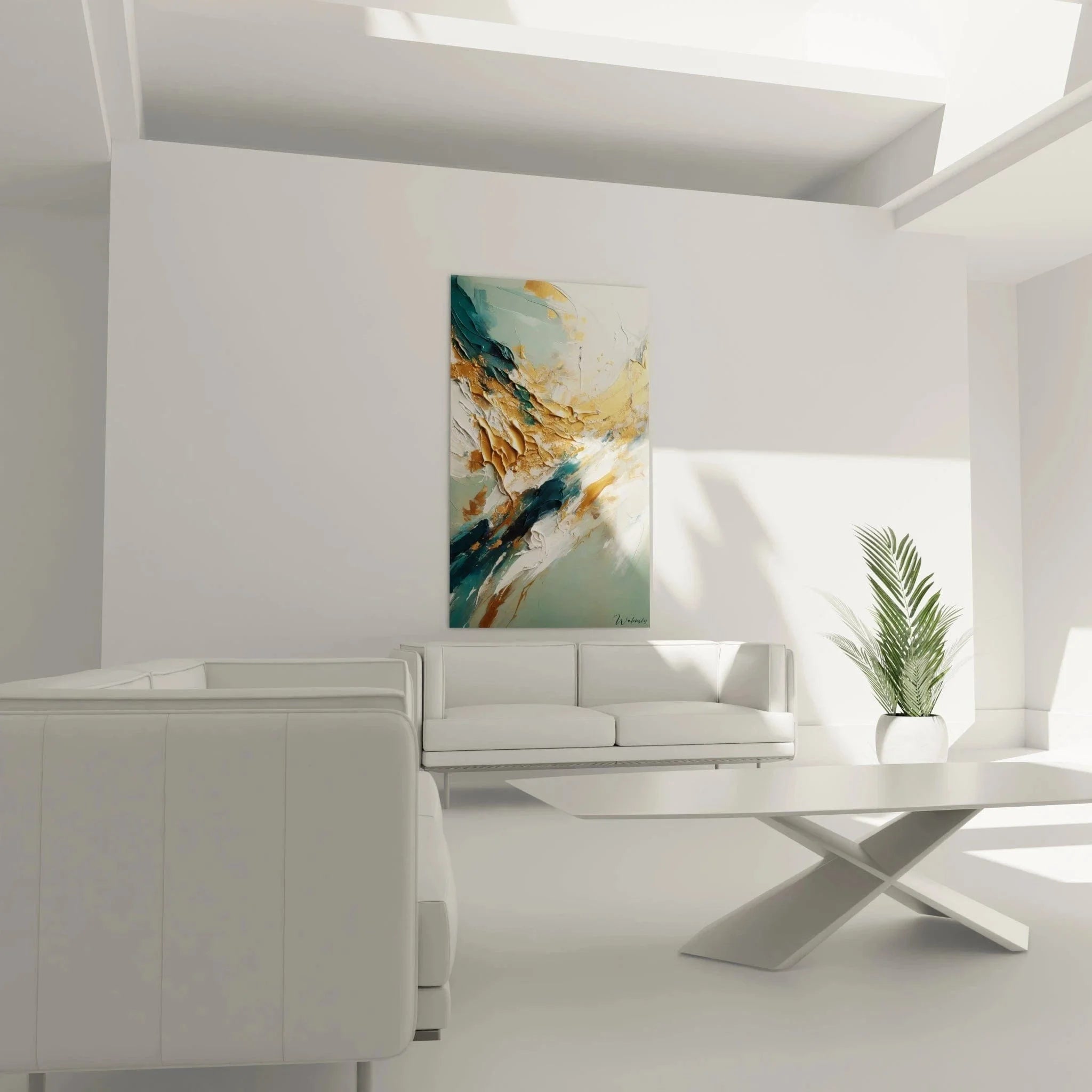 Detailaufnahme abstrakte Malerei türkis gold Pinselstriche Textur Wandbild closeup