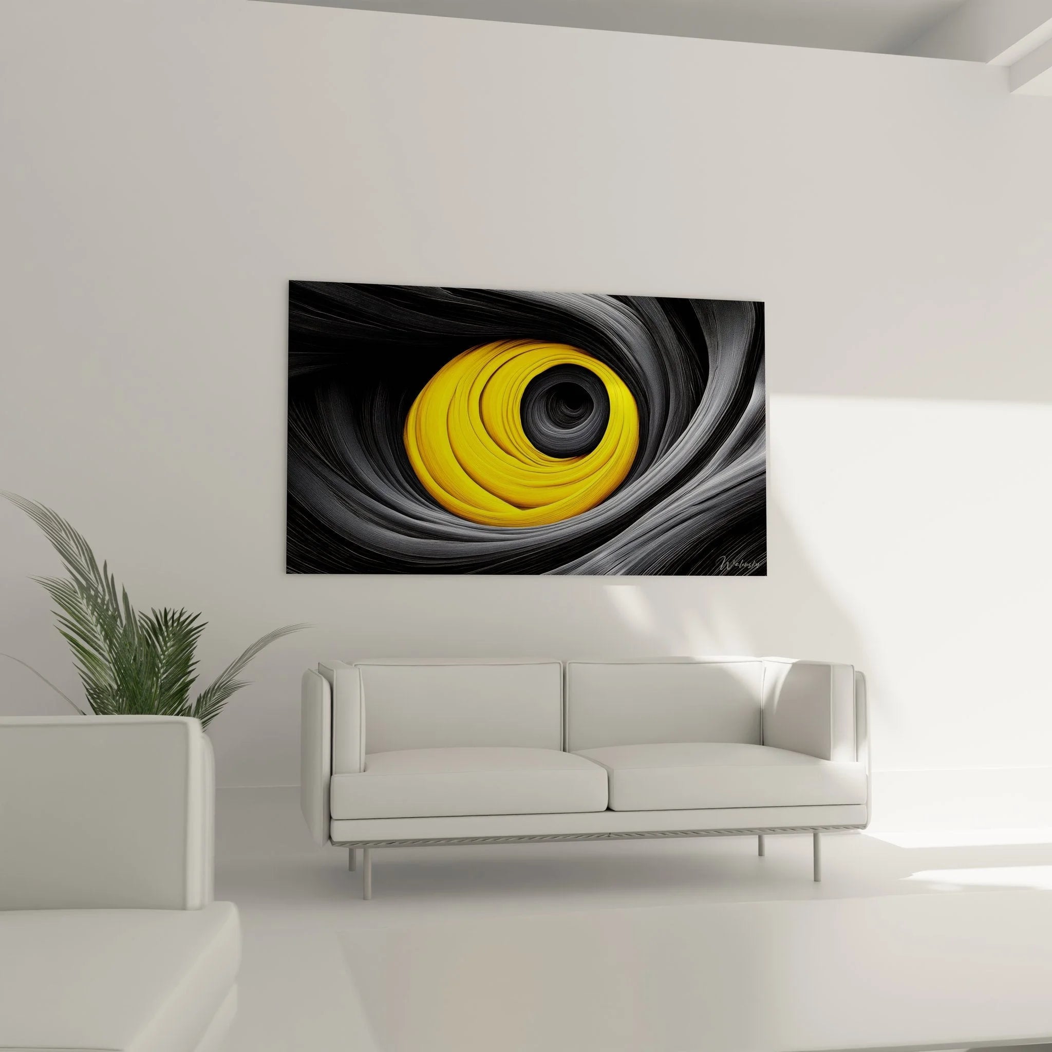 Detailansicht abstrakte Spiralkunst mit gelben und grauen Windungen