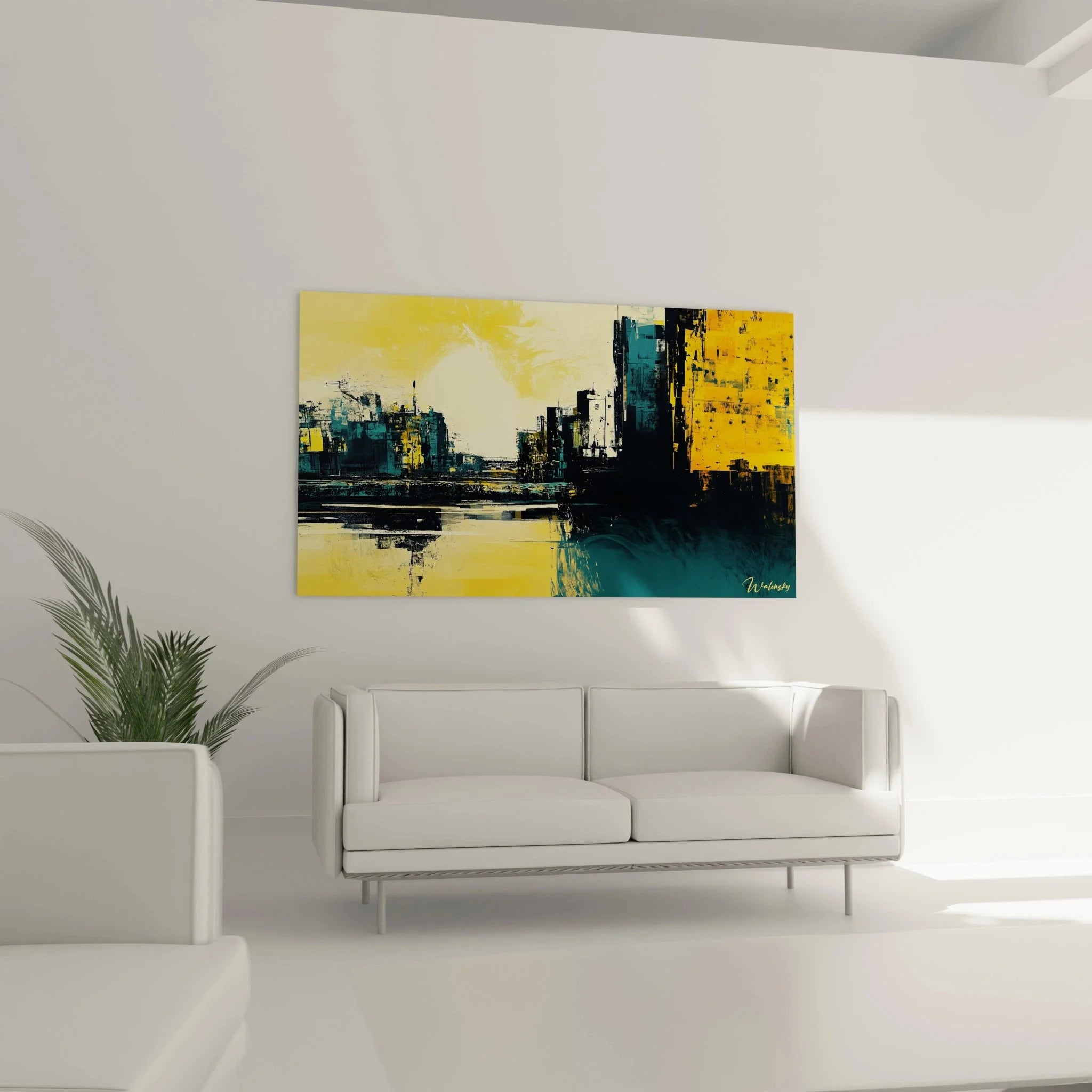 Detailansicht abstrakte Stadtlandschaft Wandbild - Farbkomposition Gelb Türkis urbane Kunst