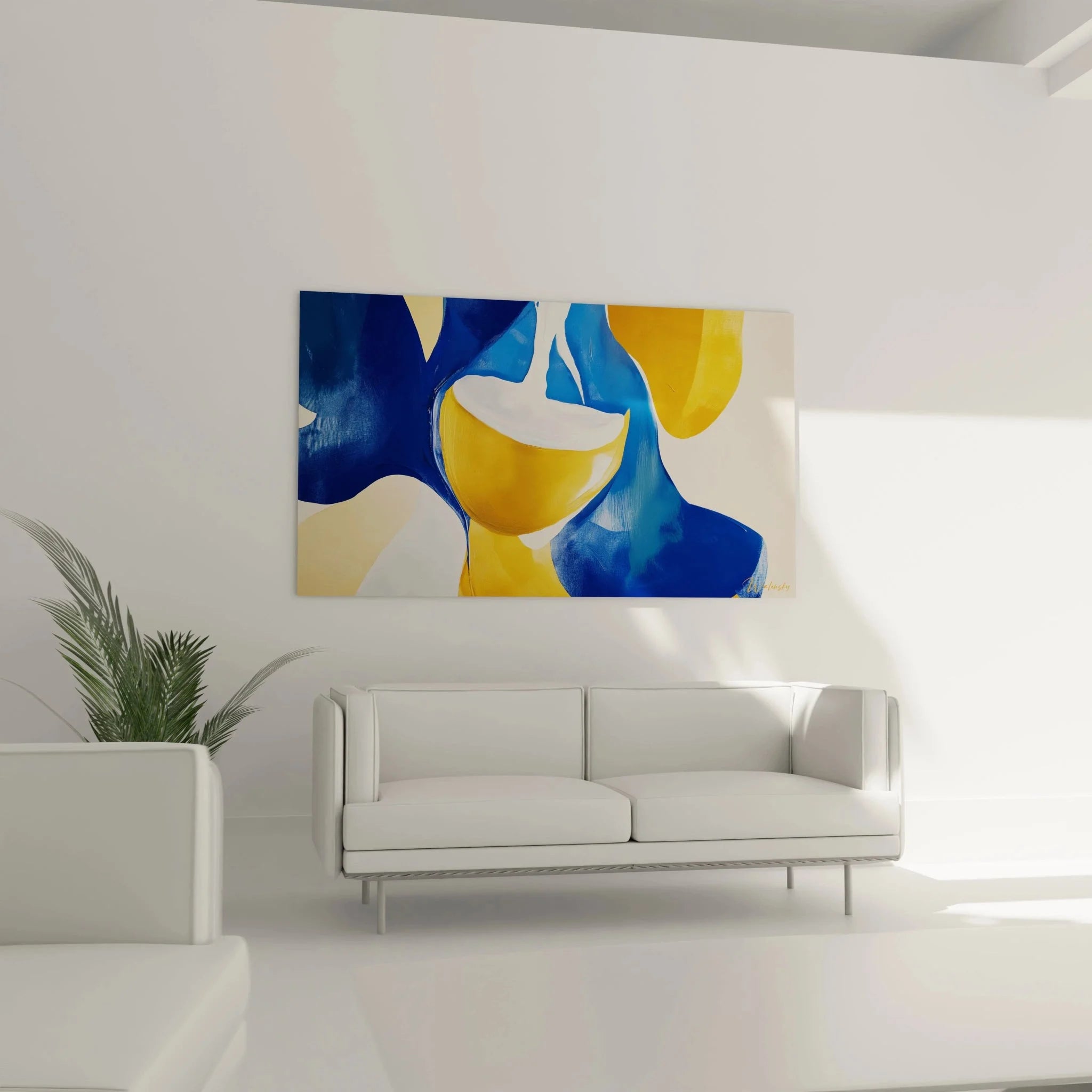 Detailansicht abstrakte Wandkunst mit organischen Formen und leuchtenden Farbverläufen