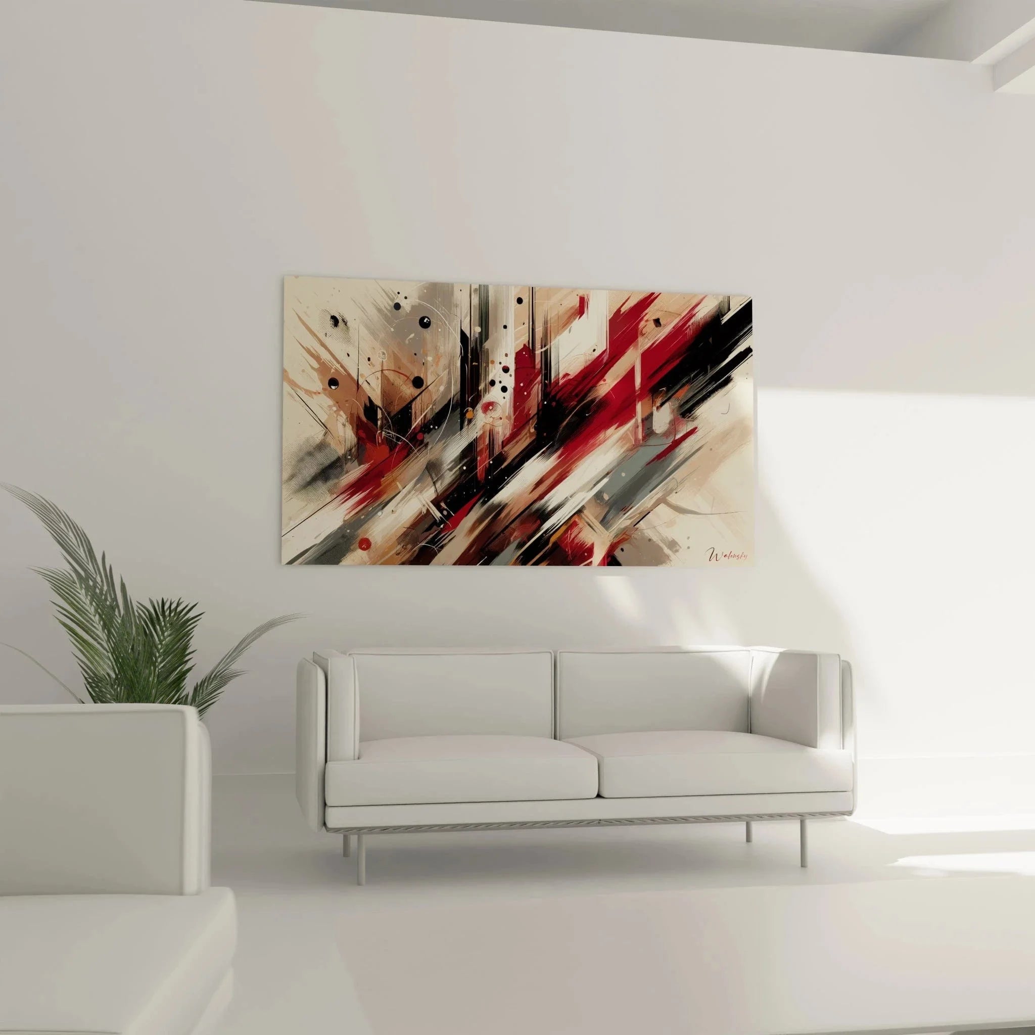 Detailansicht abstrakte Wandkunst mit expressiven Pinselstrichen und dynamischen Farbtexturen