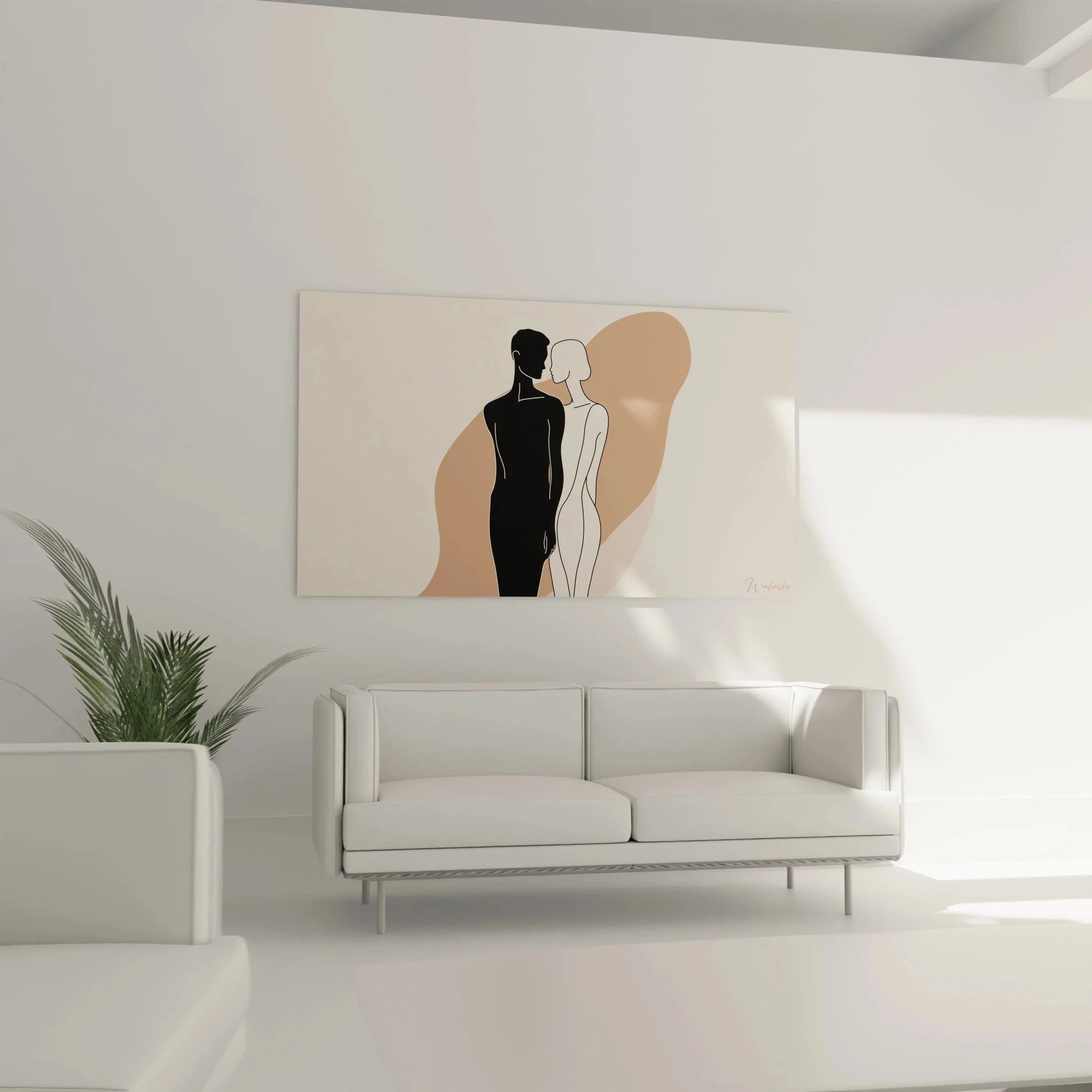 Detailansicht Wandbild Liebespaar - minimalistische Kunst mit organischen Formen in Brauntönen