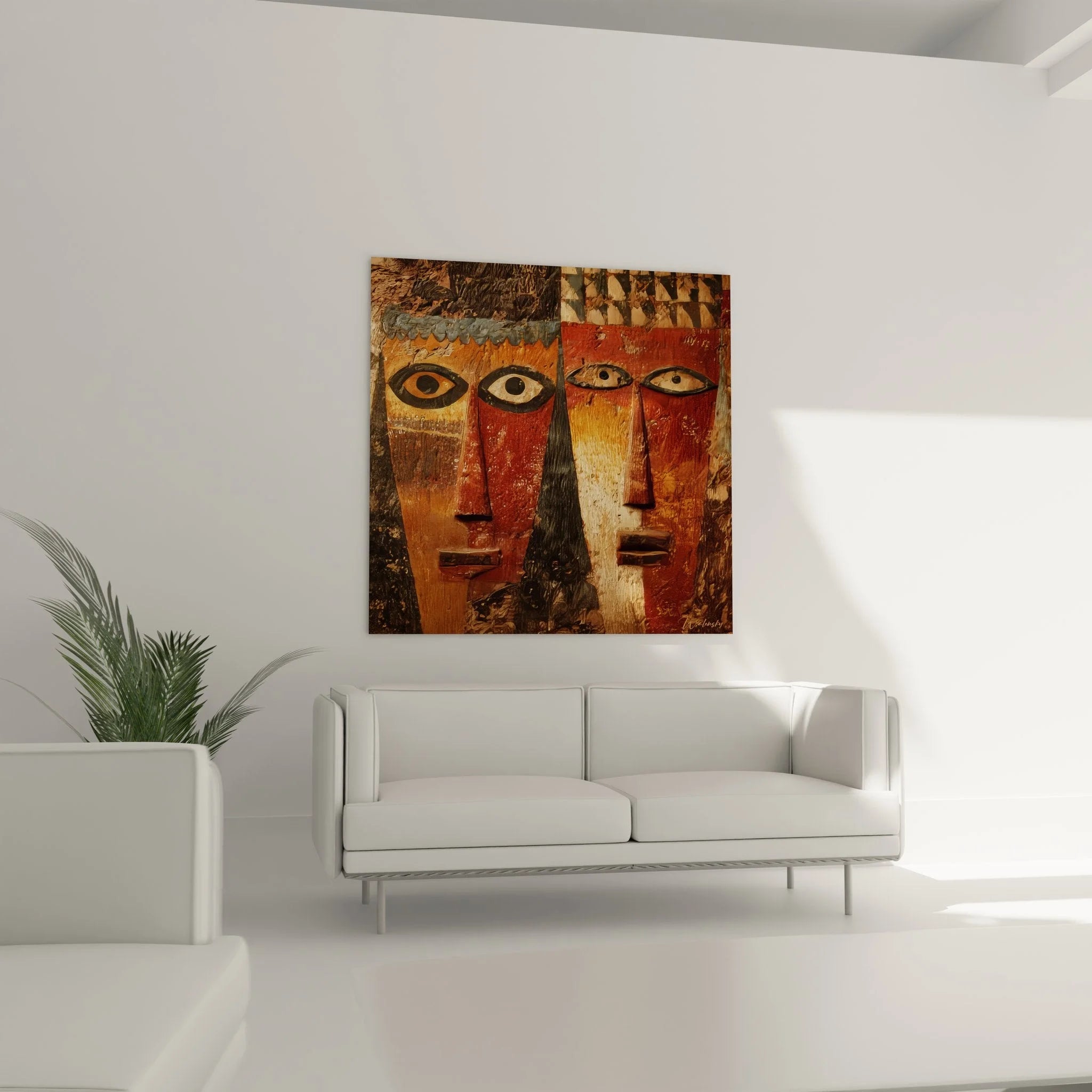 Detailansicht afrikanische Masken Wandkunst mit charakteristischen Augen und Stammesmustern