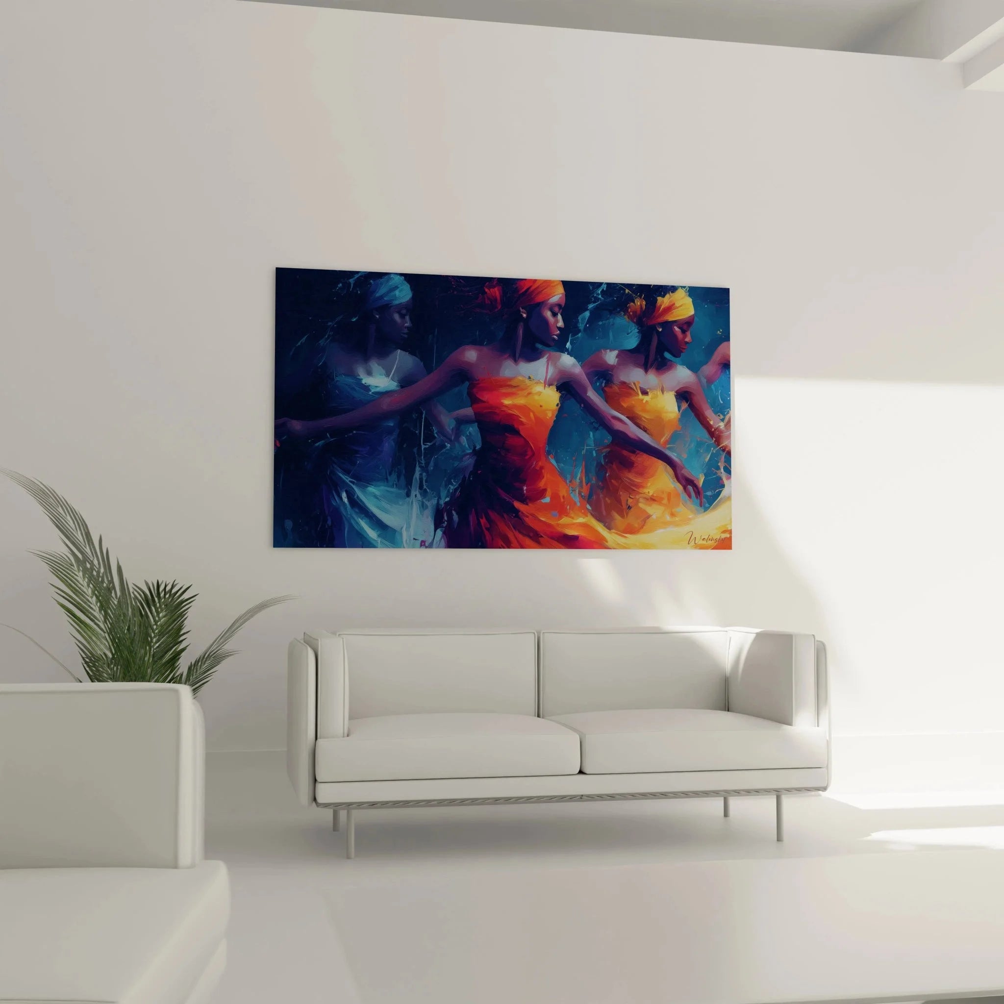 Detailansicht Wandbild afrikanischer Tanz, expressive Pinselstriche und leuchtende Farbkontraste im Fokus