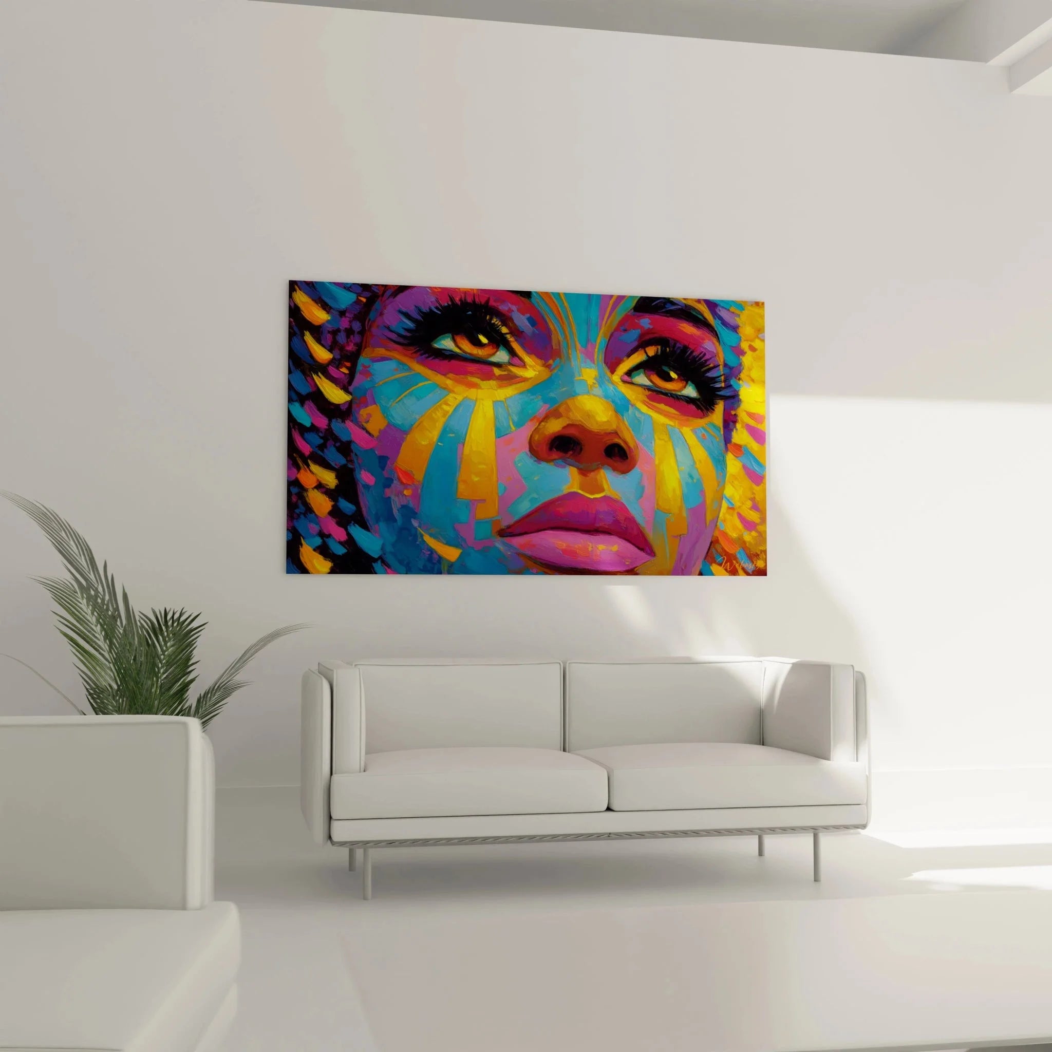 Detailansicht Leinwandbild afrikanisches Gesicht mit expressiven Augen und bunten Farben