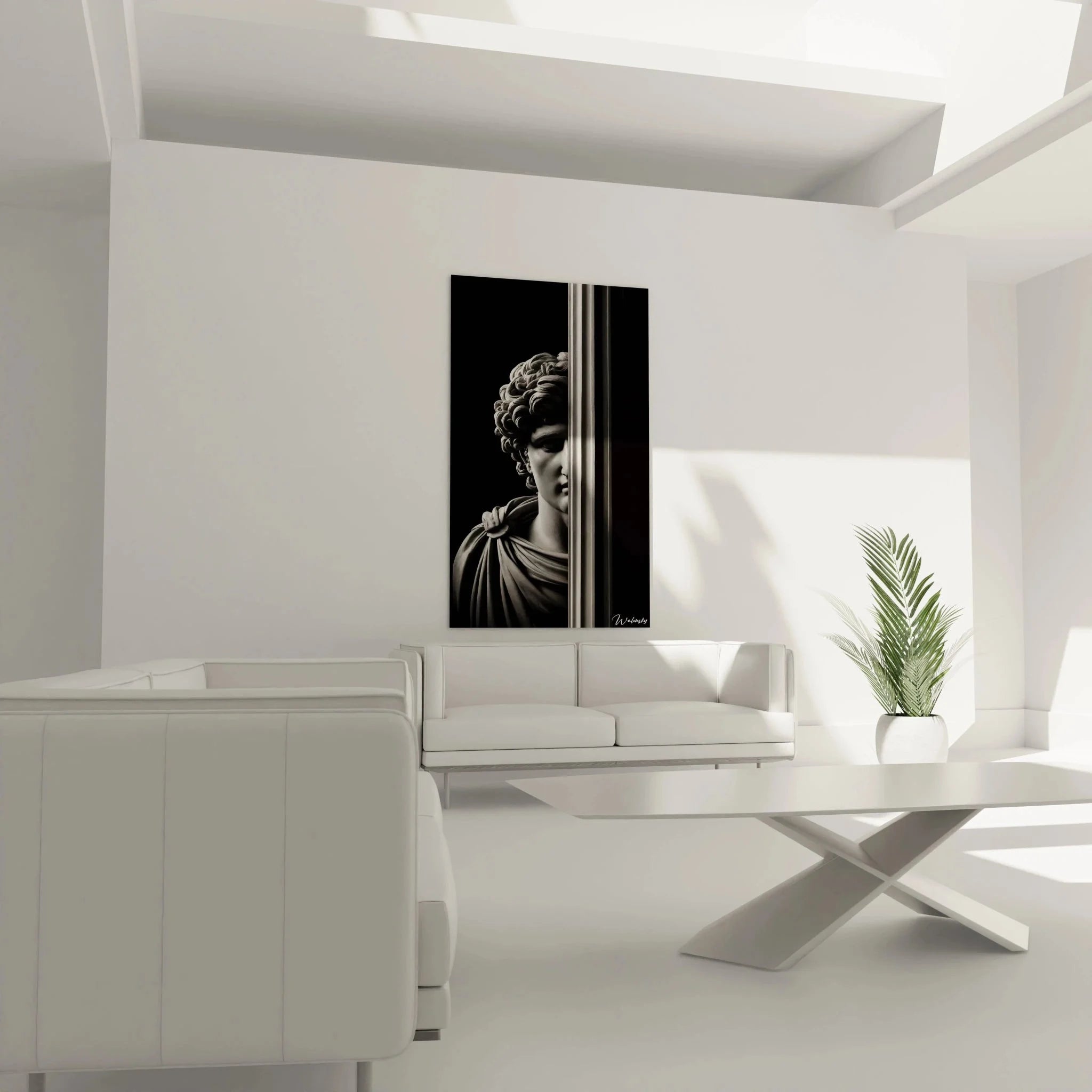 Detailaufnahme antike Skulptur Wandbild - Kunstvolle Locken und Gesichtszüge schwarz-weiß