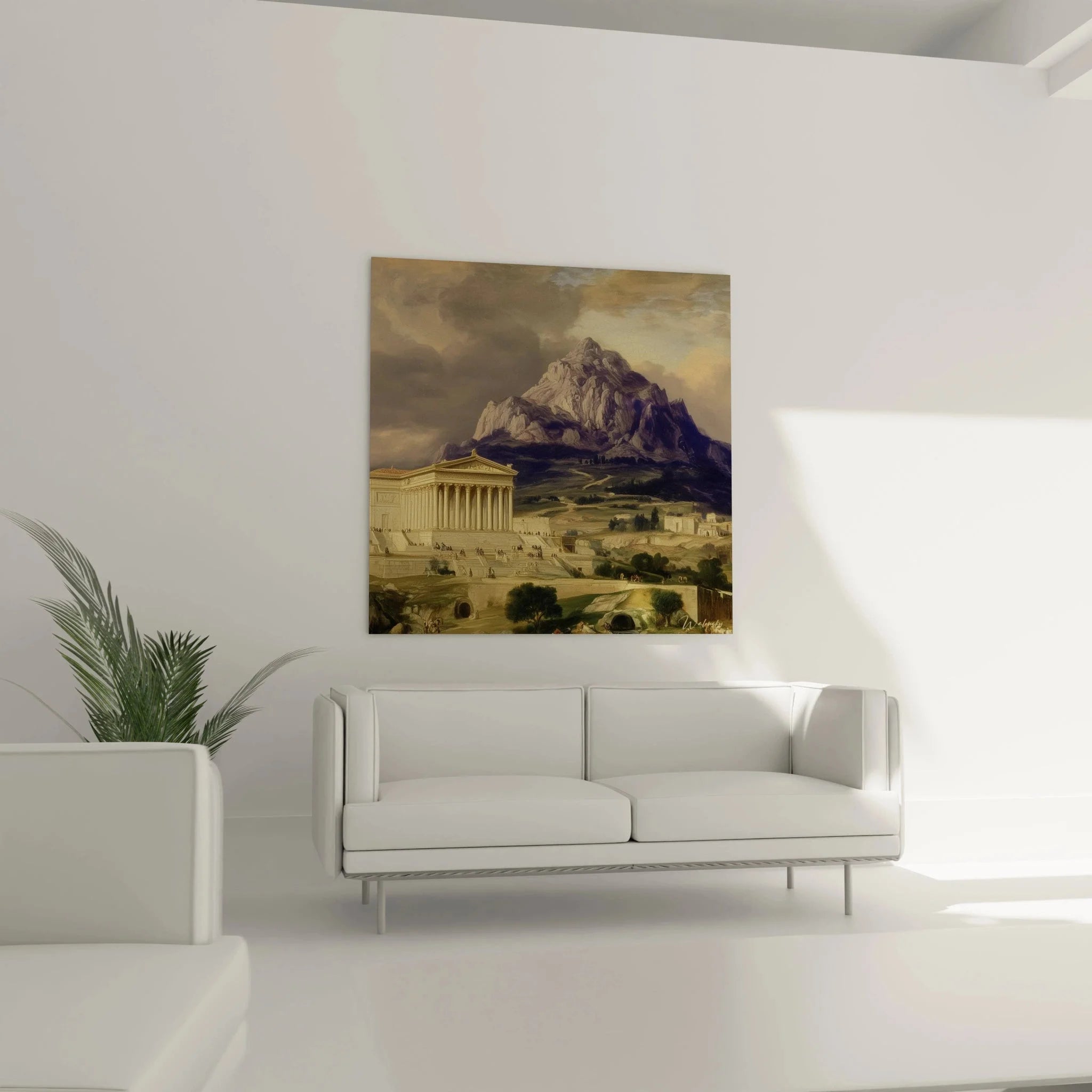 Detailansicht der klassischen Tempelarchitektur mit dorischen Säulen im neoklassischen Wandbild