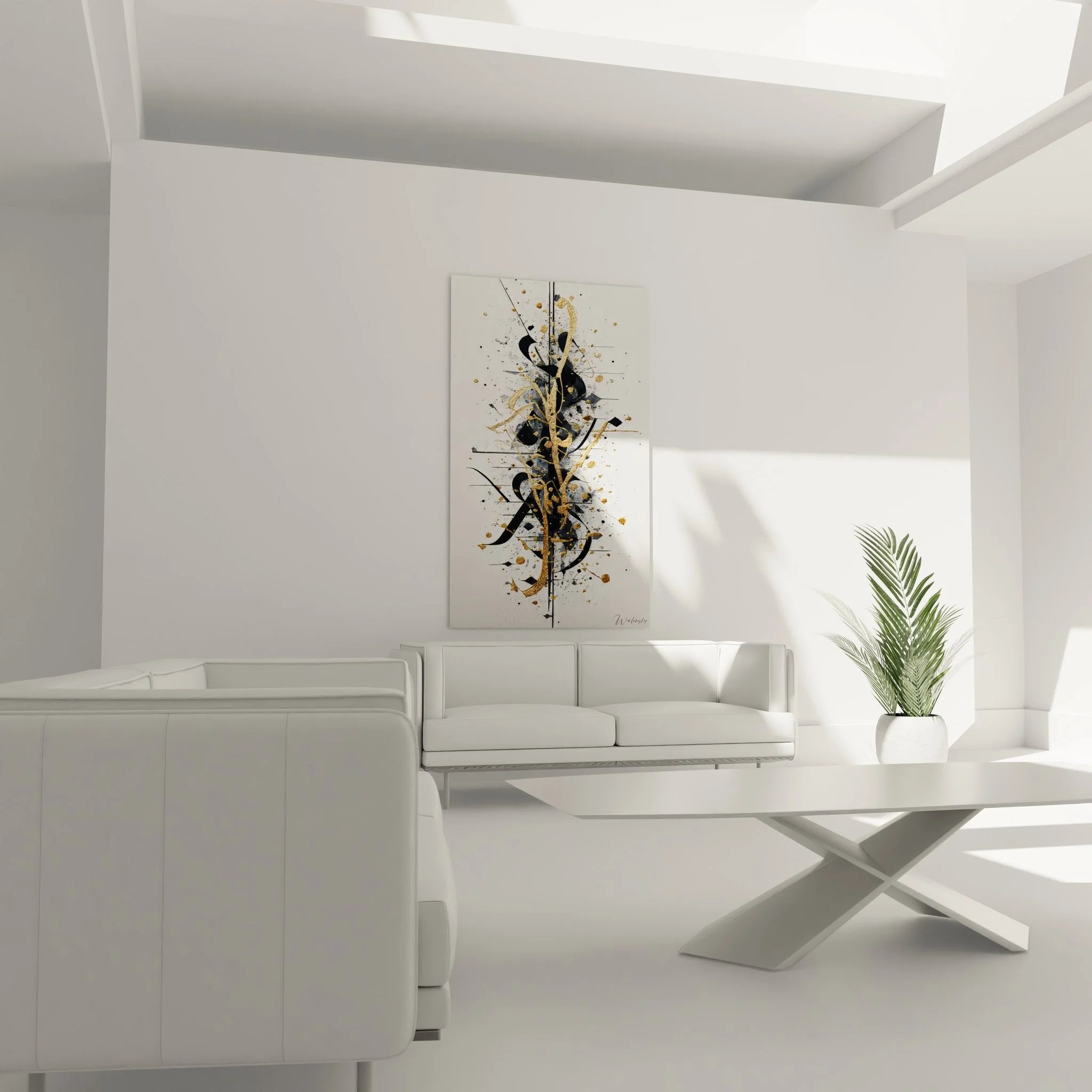 Detailaufnahme der goldenen Blattgold-Elemente und schwarzen Formen im abstrakten Wandbild