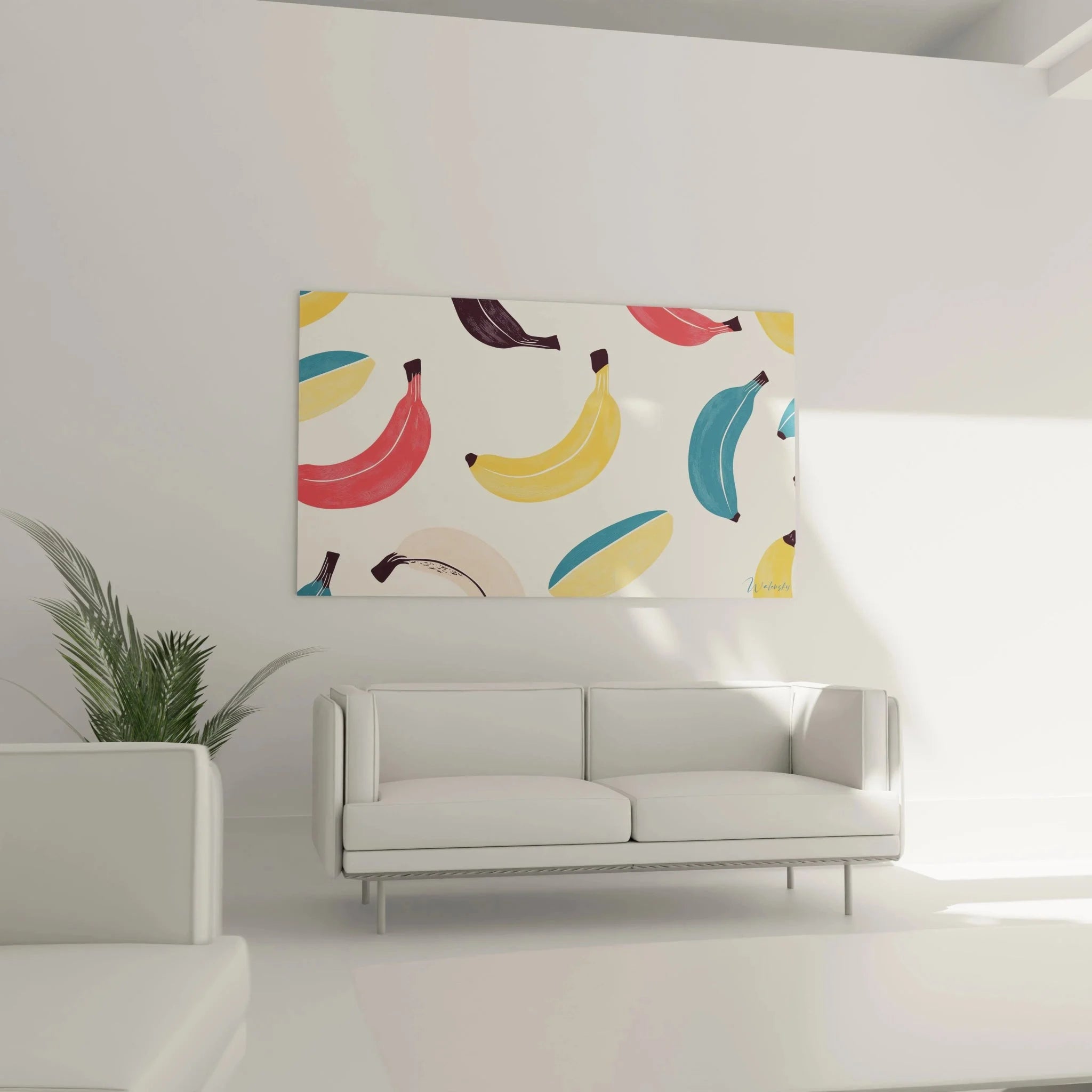 Detailansicht bunte Bananen Wandkunst mit Pop Art Design und leuchtenden Farben für Küchendeko