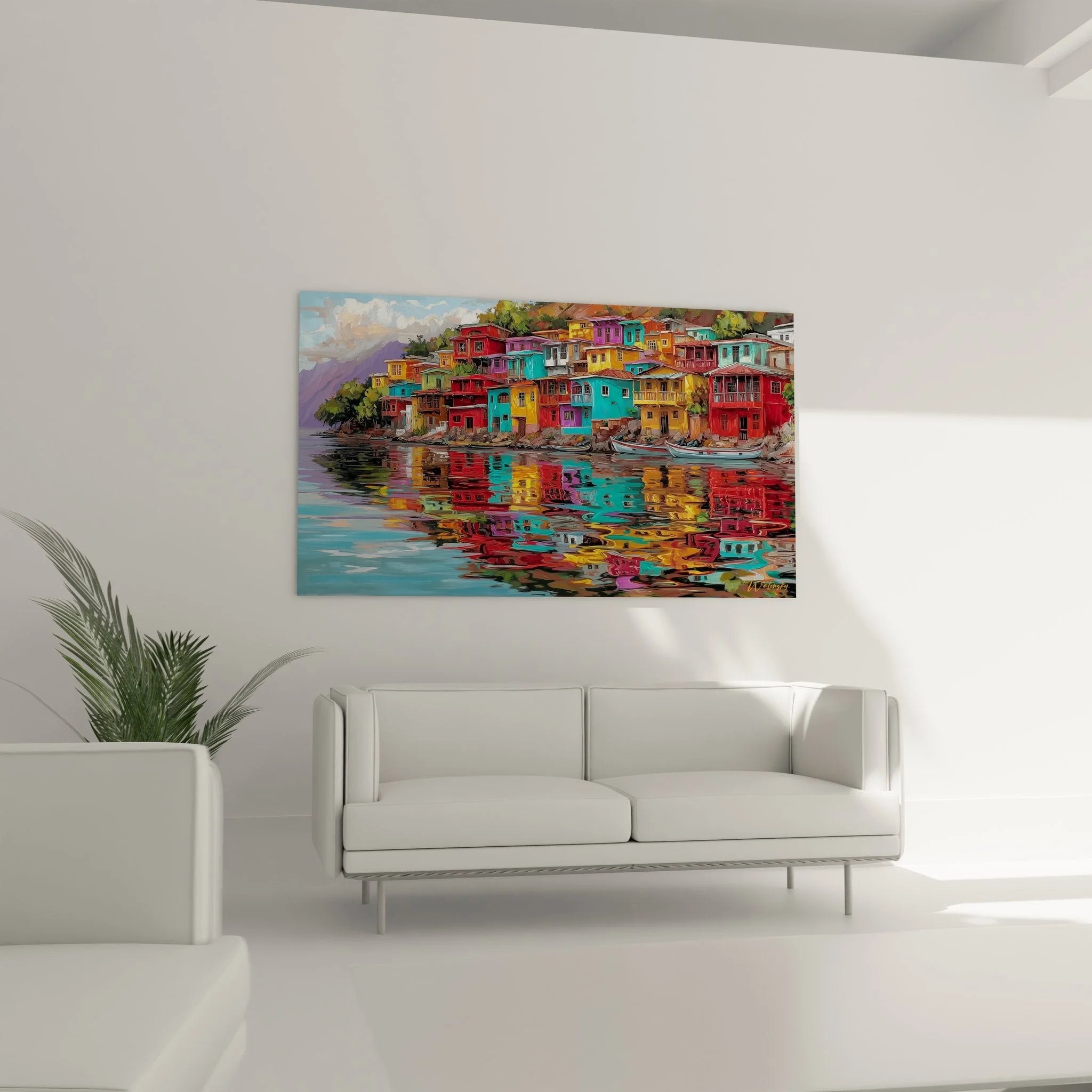 Detailansicht bunter mediterraner Häuser am Wasser mit leuchtenden Farben und Architekturdetails