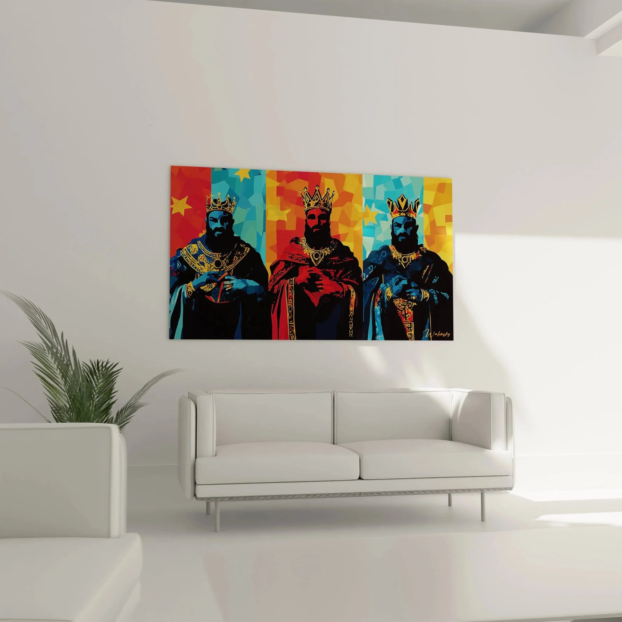 Detailaufnahme Wandbild drei Könige mit prächtigen Gewändern und Kronen in leuchtenden Farben