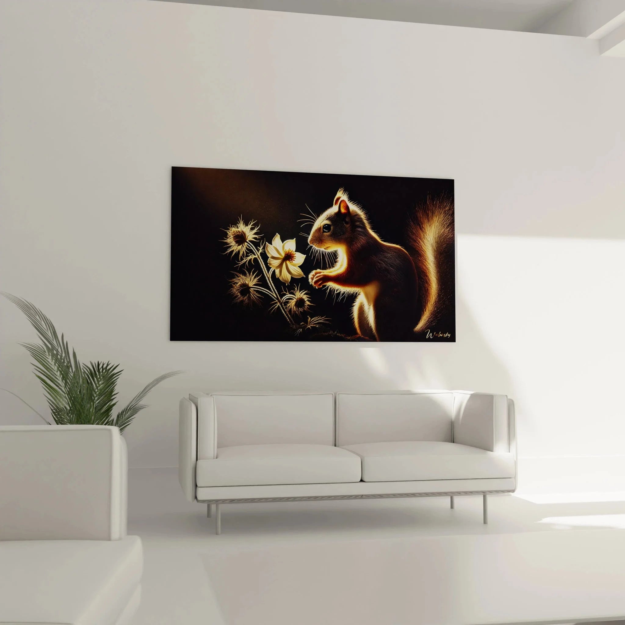 Detailansicht Eichhörnchen Motiv mit Blume - naturalistische Tierwanddekoration im goldenen Licht