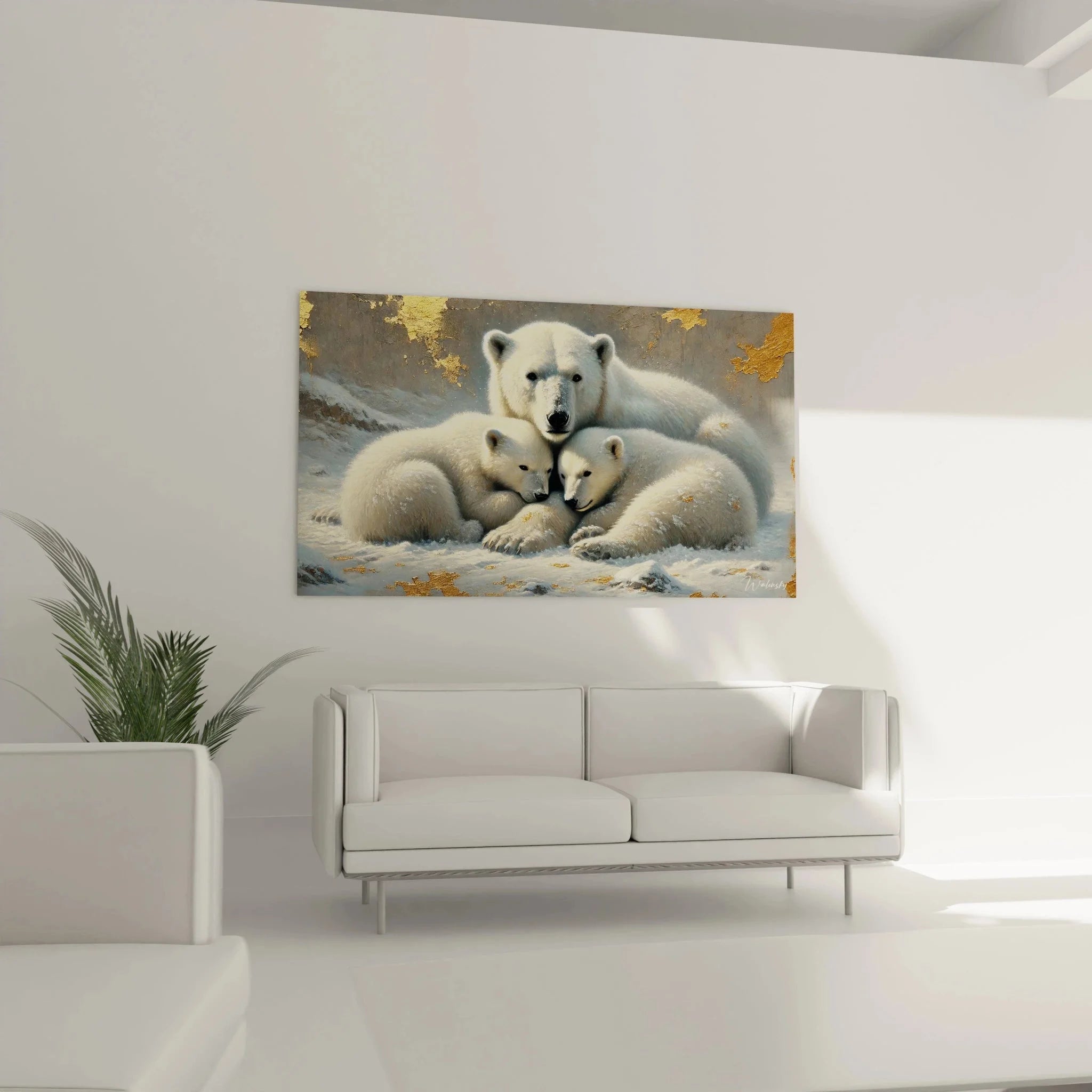 Detailaufnahme Eisbär Mutterliebe Wandbild, realistische Fellstruktur und goldene Akzente