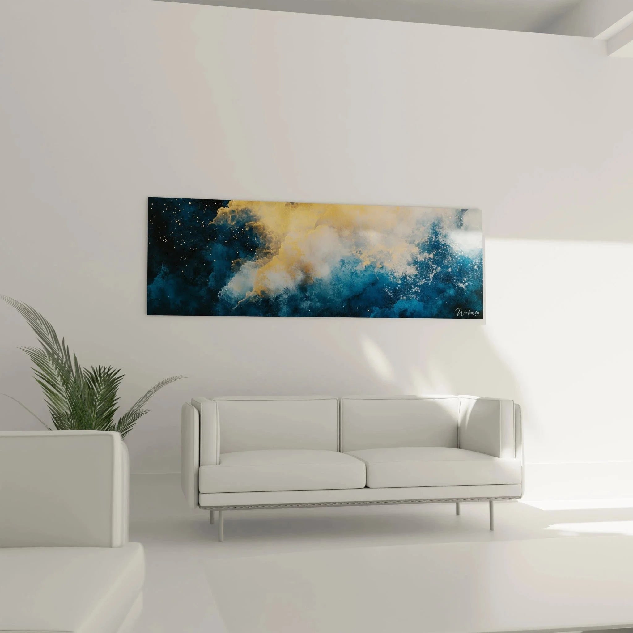 Detailansicht expressionistische Maltechnik Wolken Wandbild mit goldenen Lichtakzenten