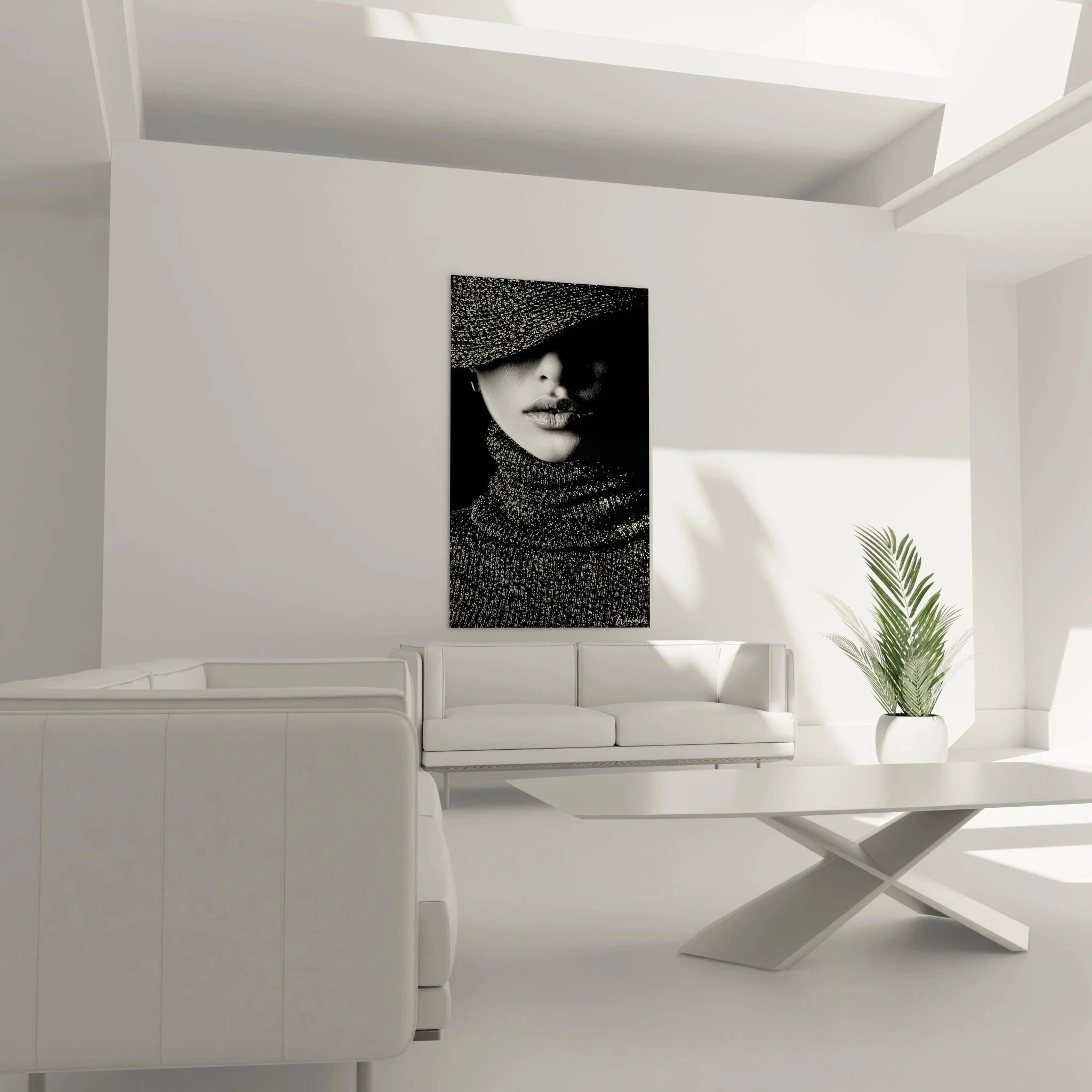 Detailansicht Fashion Wandbild mit mysteriösem Frauenporträt in Schwarz-Weiß Fotografie