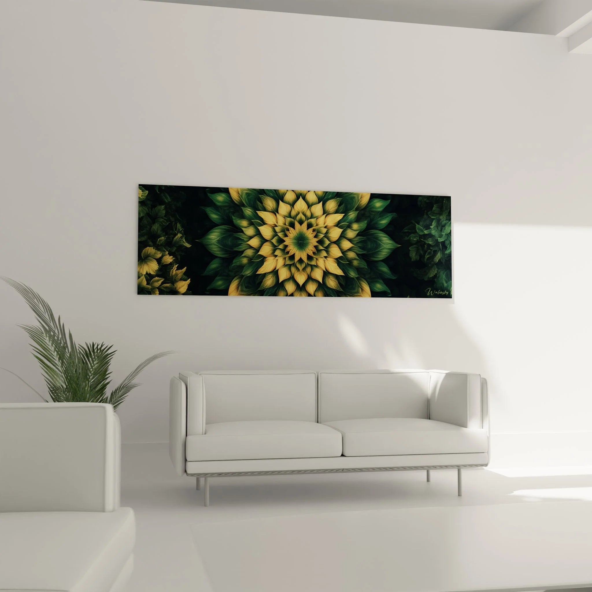 Detailansicht fraktale Blüte - goldene geometrische Strukturen und smaragdgrüne Blätter