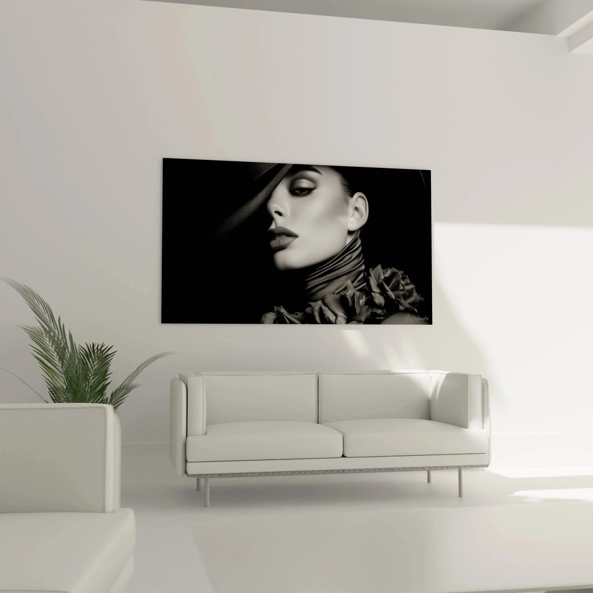 Detail-Ansicht Portrait Wandbild - Schwarz-Weiß Fotografie mit eleganter Frau und dramatischer Lichtführung