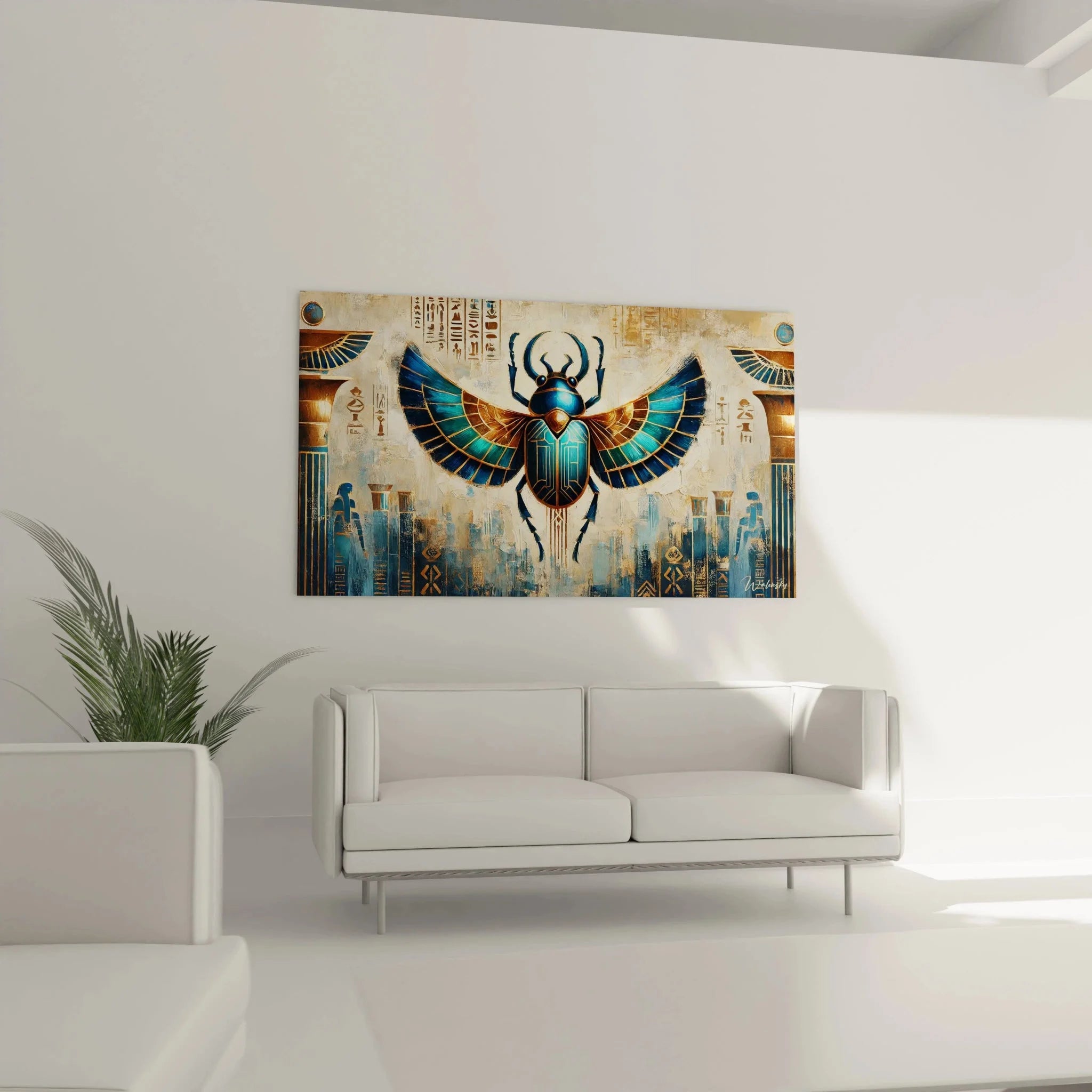 Detailansicht geflügelter Skarabäus mit türkisfarbenen Flügeln und goldenen Verzierungen