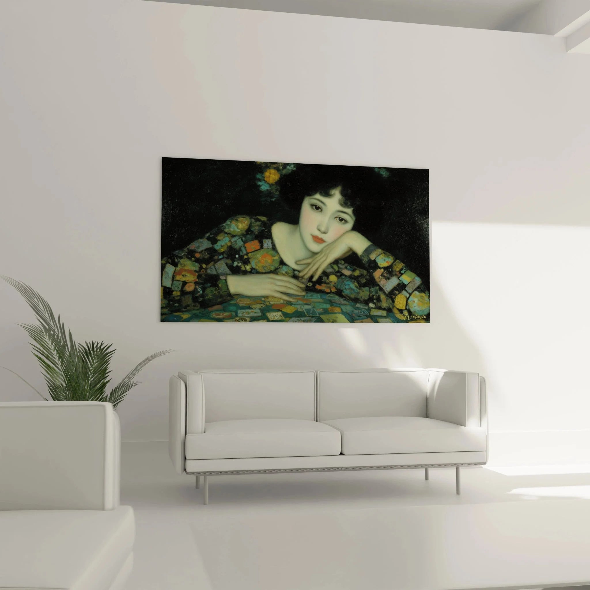 Detailansicht Wandbild träumende Geisha mit roten Lippen und kunstvoll gemustertem Kimono