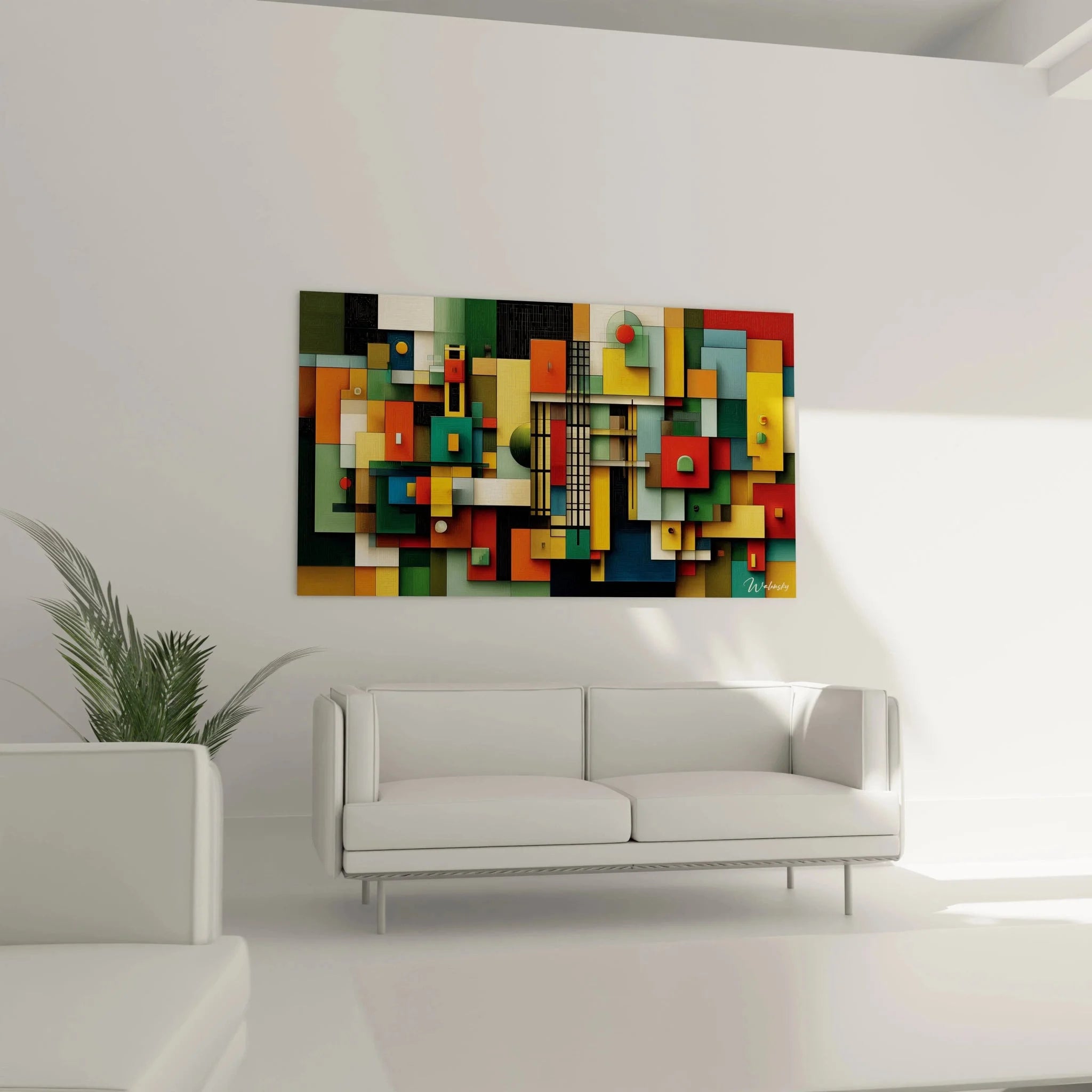 Detailaufnahme des abstrakten Wandbildes zeigt komplexe geometrische Strukturen und lebendige Farbpalette