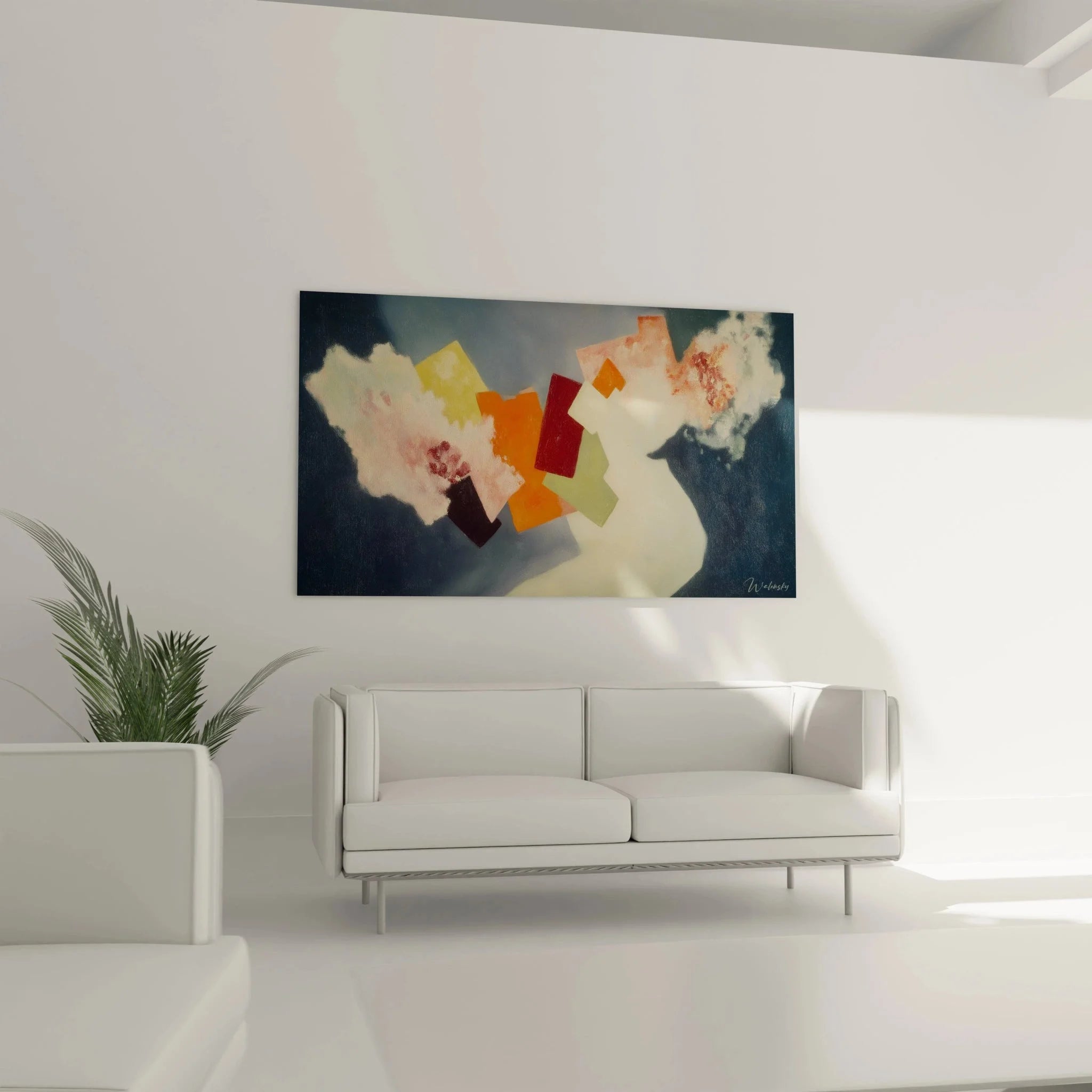 Detailansicht geometrische Blüte Wandbild, abstrakte Kunst mit warmen Farben und klaren Linien