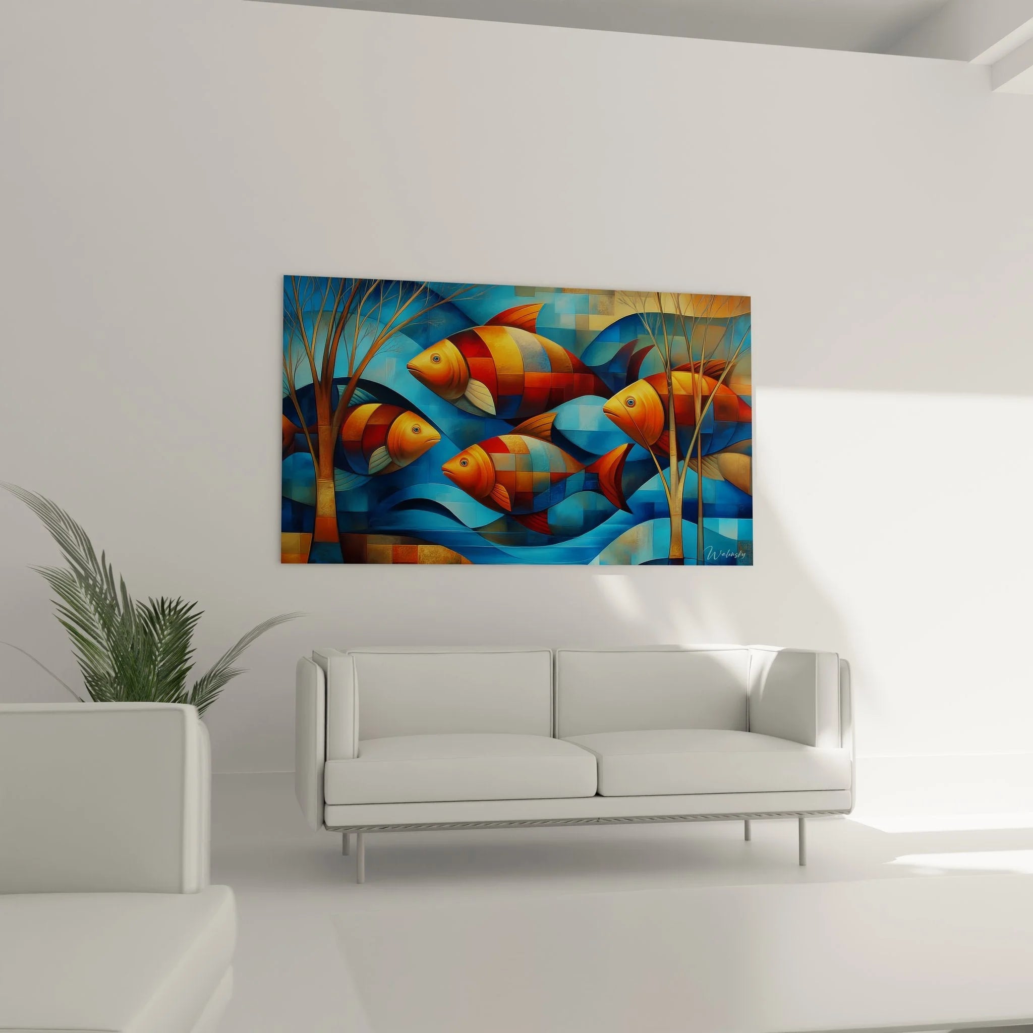 Detailansicht kubistische Fische mit geometrischen Formen und leuchtenden Orange-Rot-Tönen