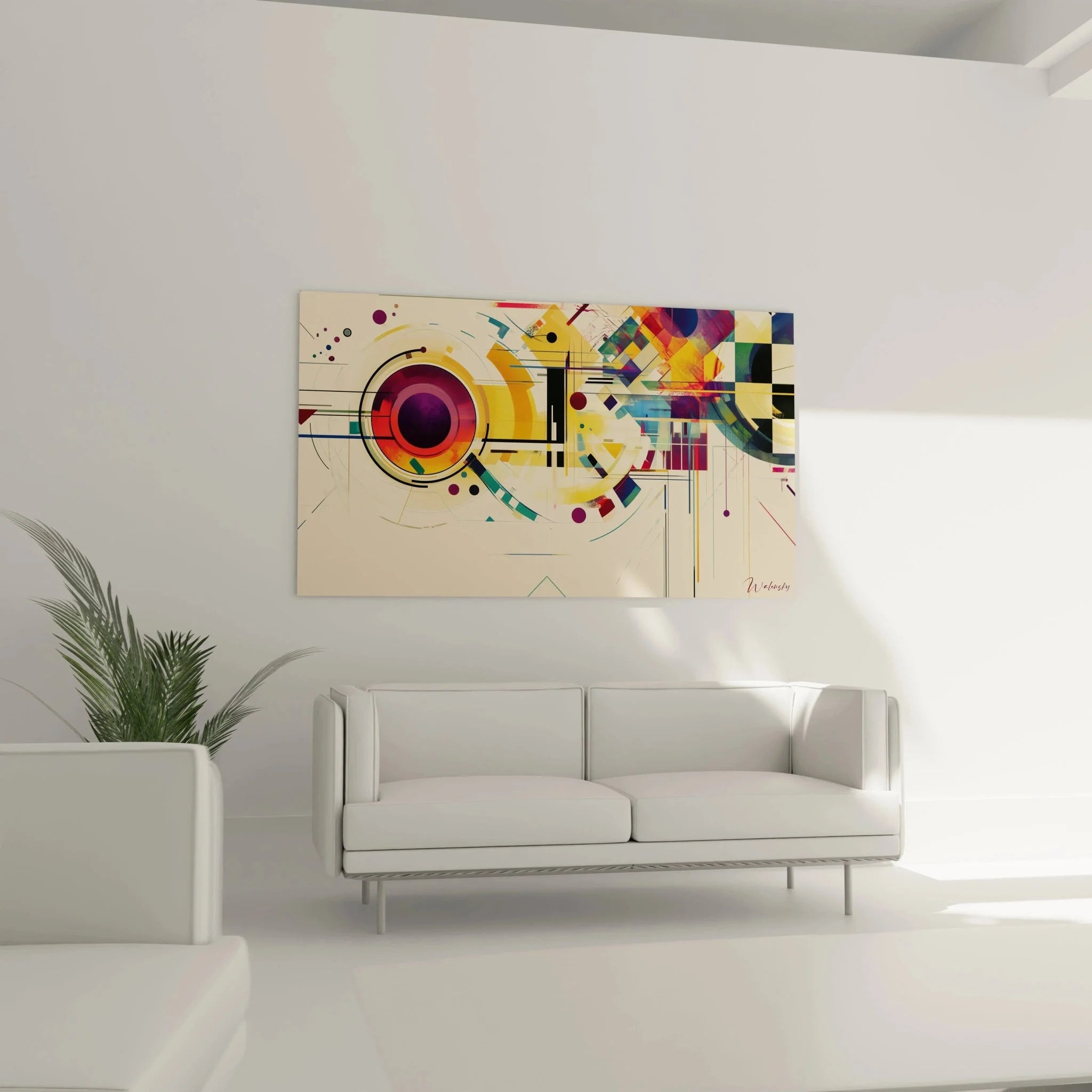 Detailansicht geometrische Komposition Wandbild mit konzentrischen Kreisen und Farbsegmenten