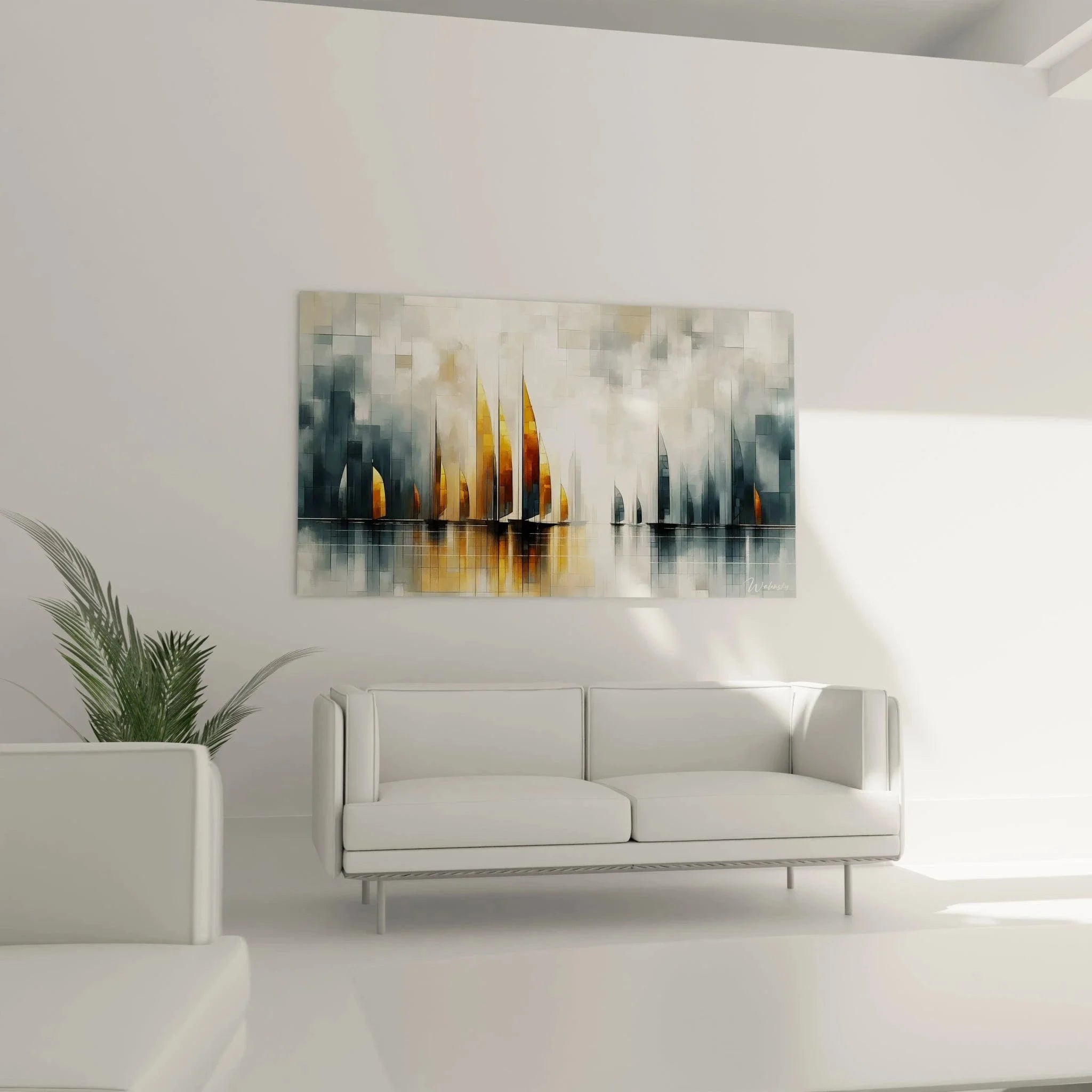 Detailansicht geometrisches Boot Wandbild mit goldenen Segeln und Pixeleffekt