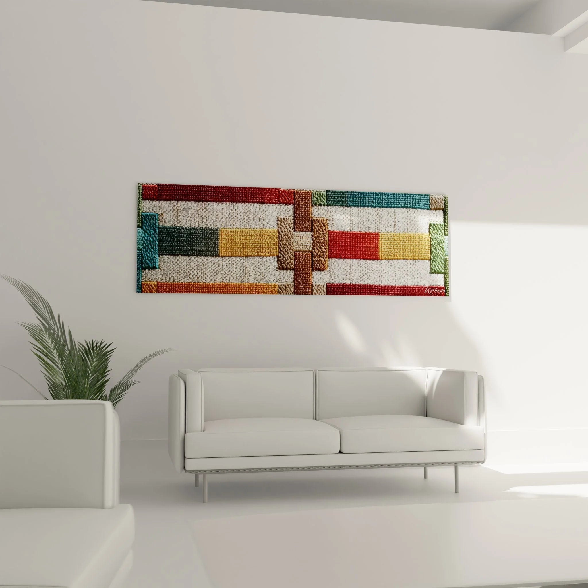 Detailaufnahme des geometrischen Textilmusters mit sichtbaren Webstrukturen und Farbverläufen