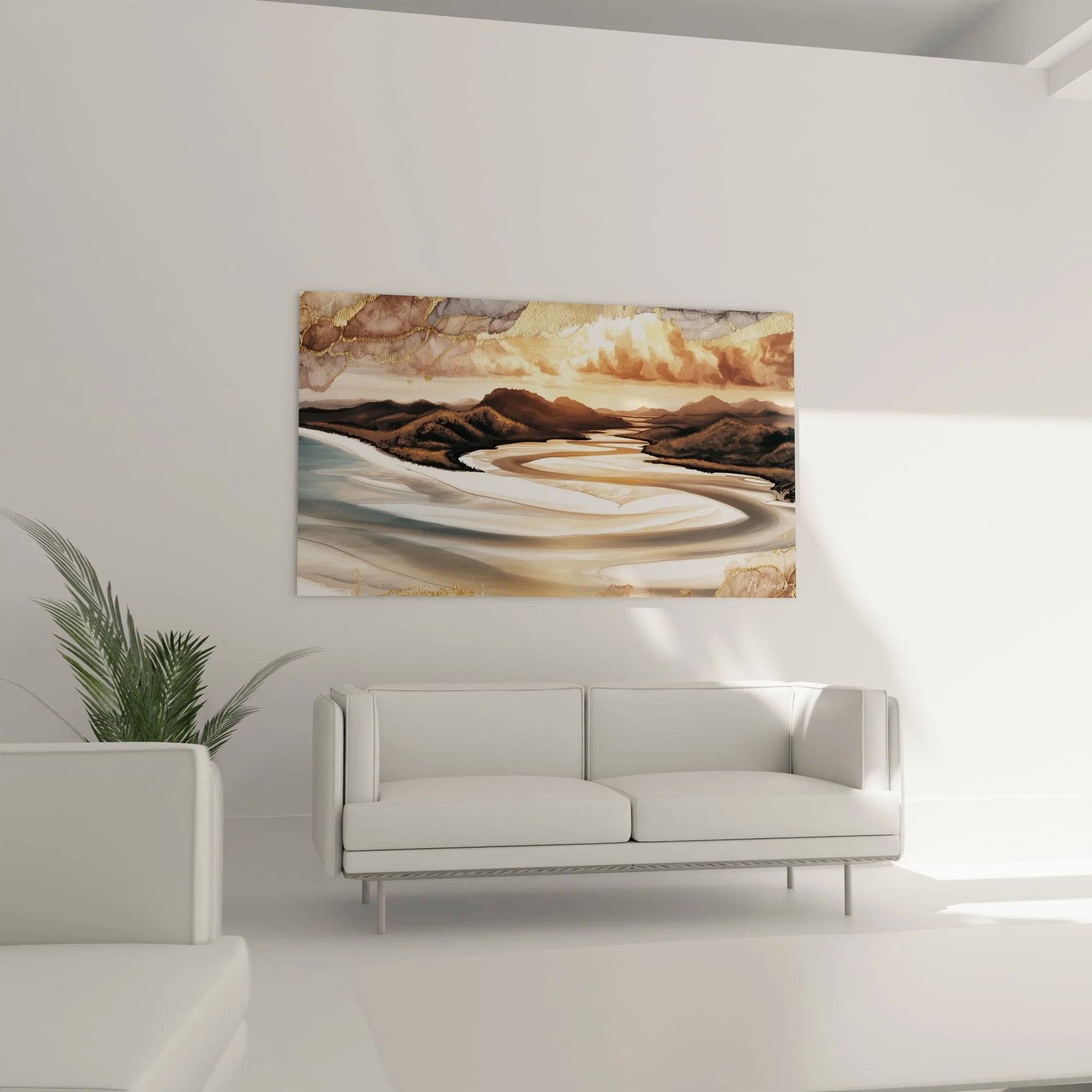 Detailansicht goldene Akzente und fließende Linien im abstrakten Küstenlandschaft Wandbild