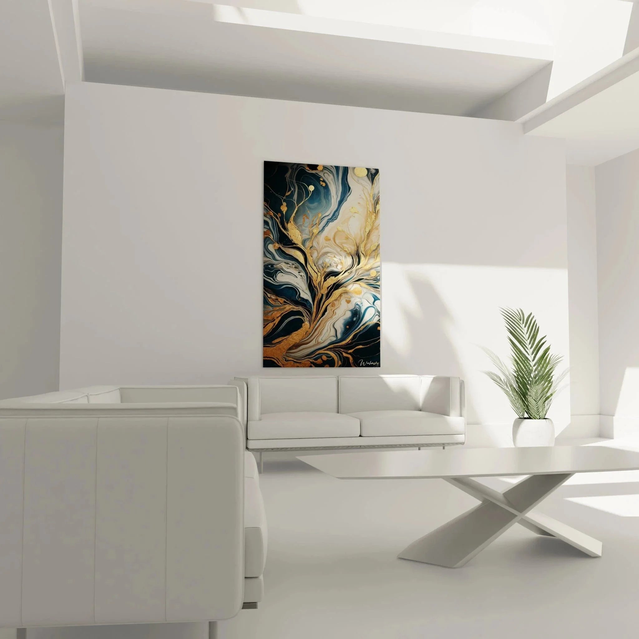 Detailansicht der goldenen Marmorierung mit expressionistischen Farbübergängen und metallischen Highlights