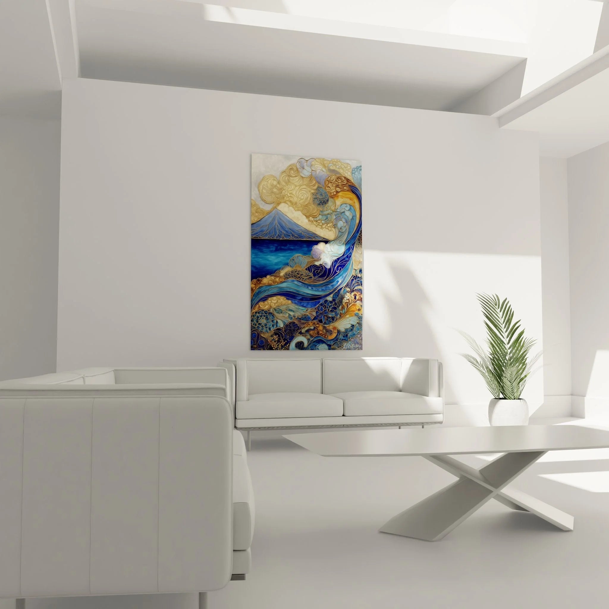 Detailansicht der goldenen Ornamente und Wellenstrukturen im maritimen Leinwanddruck