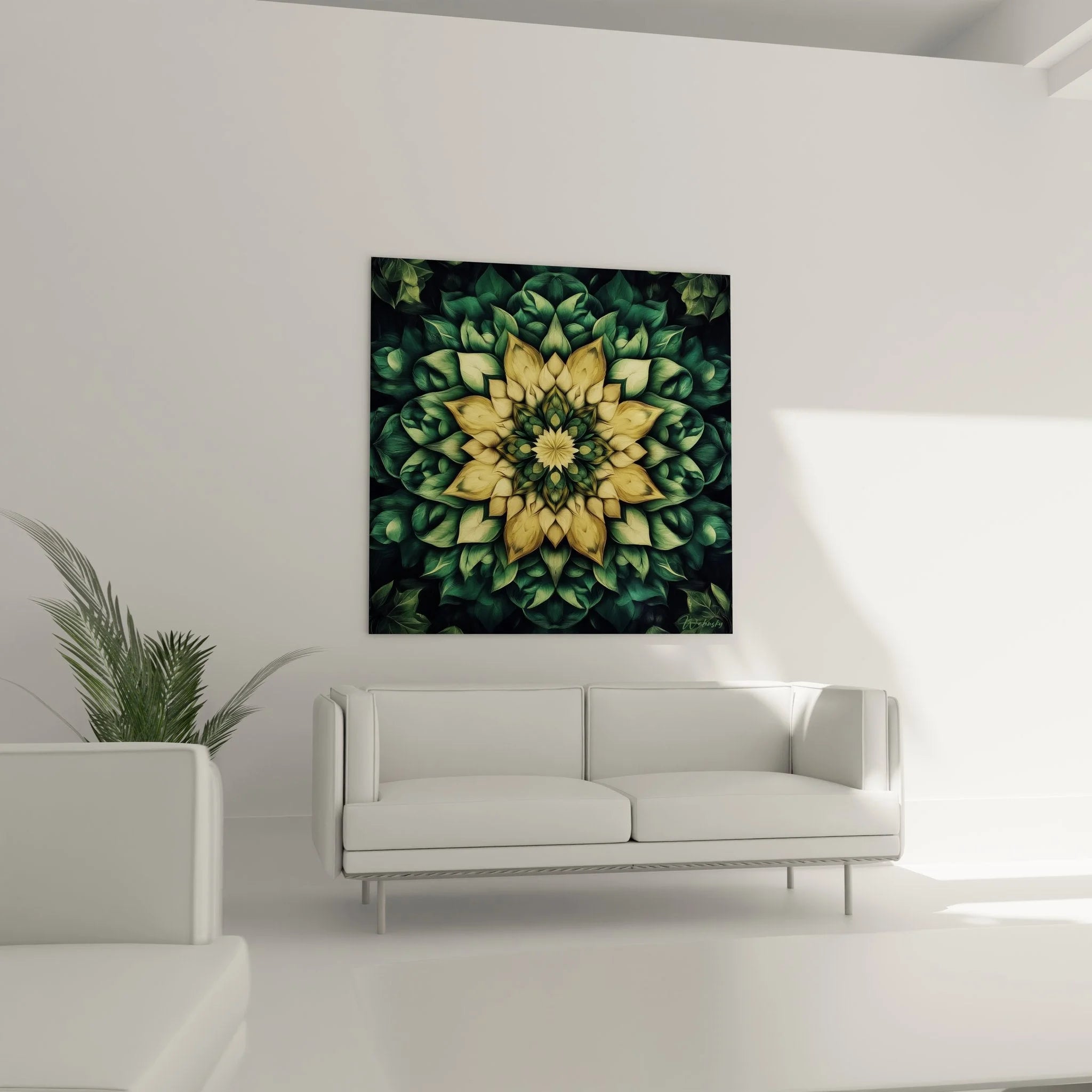 Detailaufnahme des goldenen Fraktal Mandala Sterns mit filigranen Blattstrukturen und Texturen