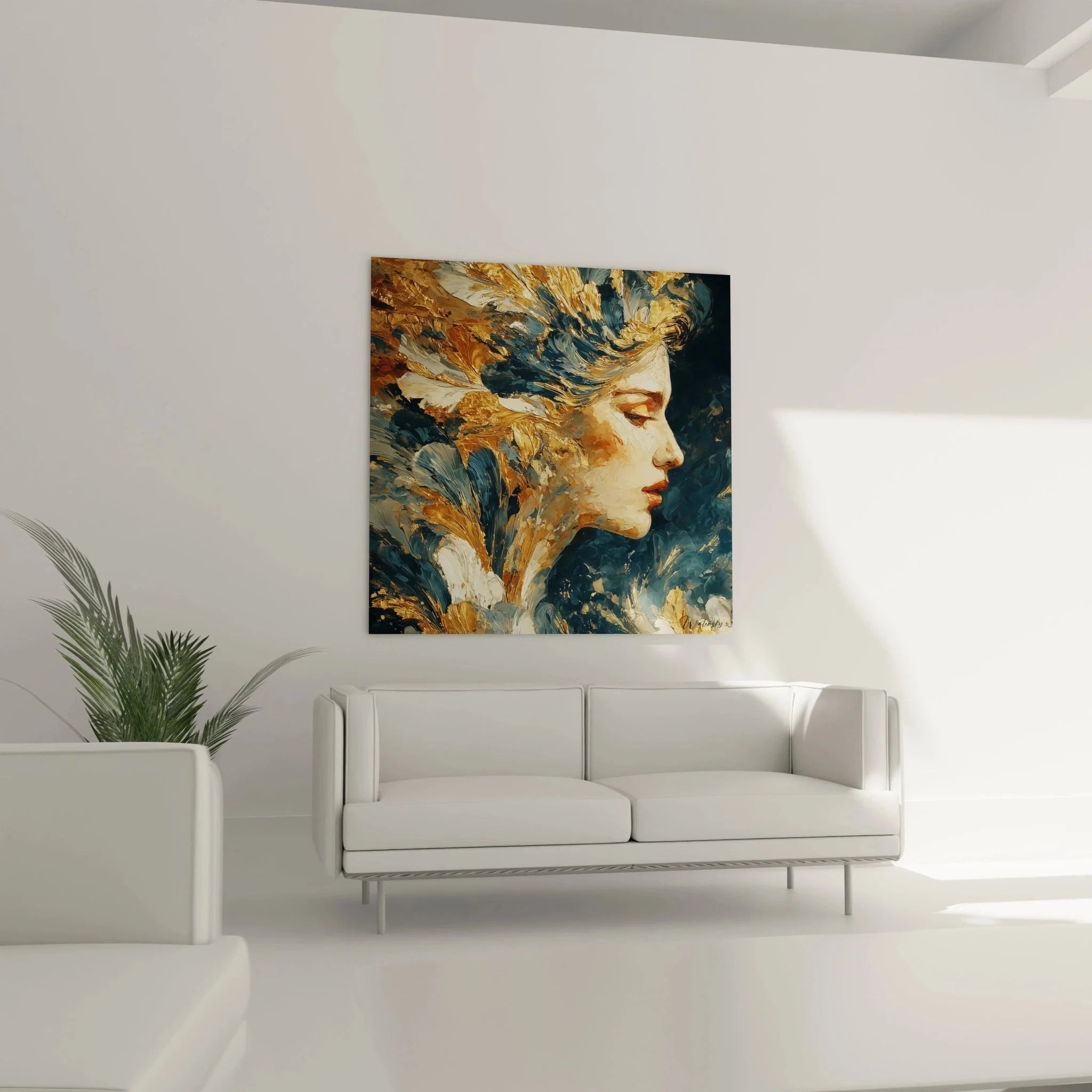 Detailansicht goldenes Frauenportrait Wandbild Barock Stil mit expressiver Pinselführung und Farbverläufen