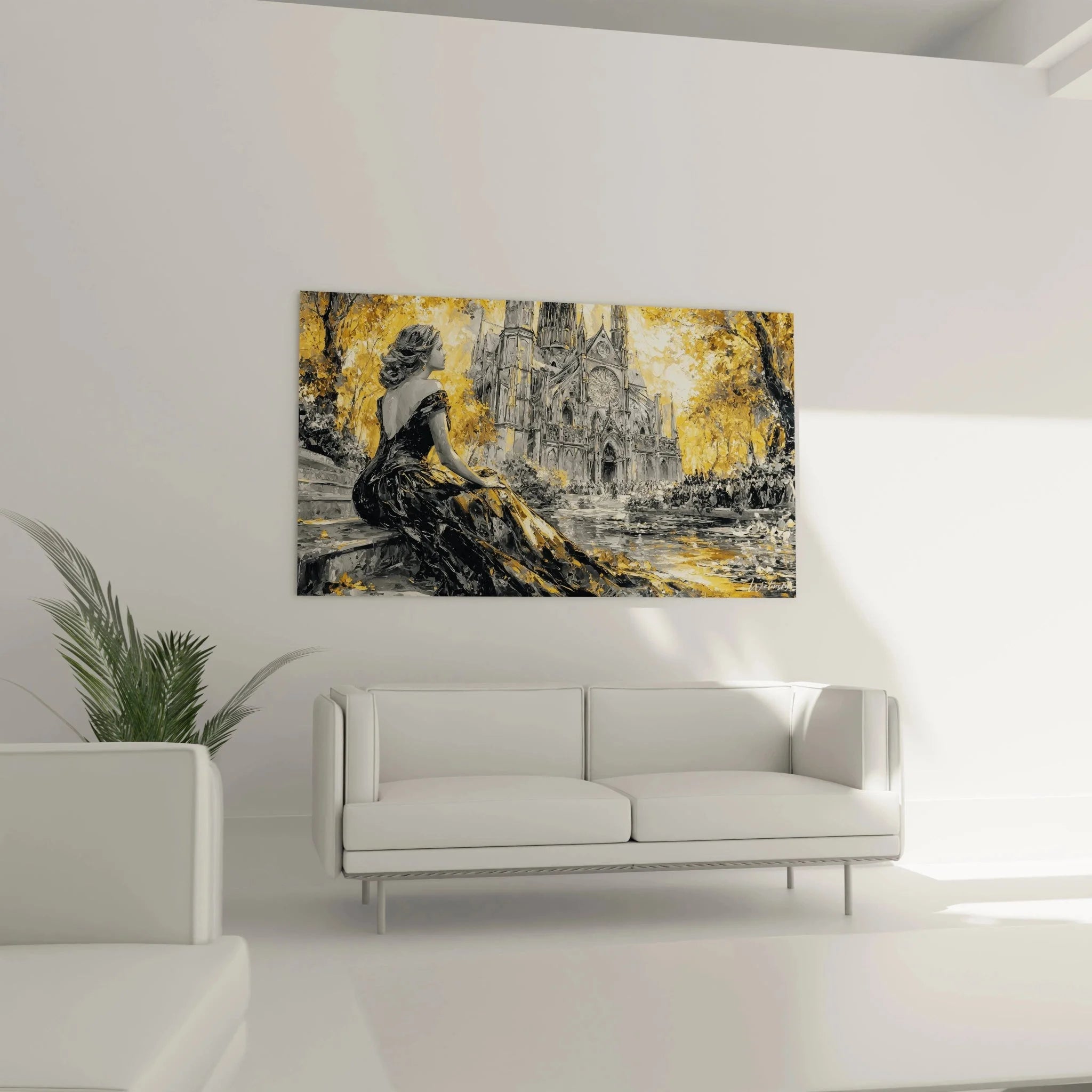 Detailansicht gotische Dame schwarzes Kleid vor Kathedrale - Gotik Kunst Wandbild Nahaufnahme