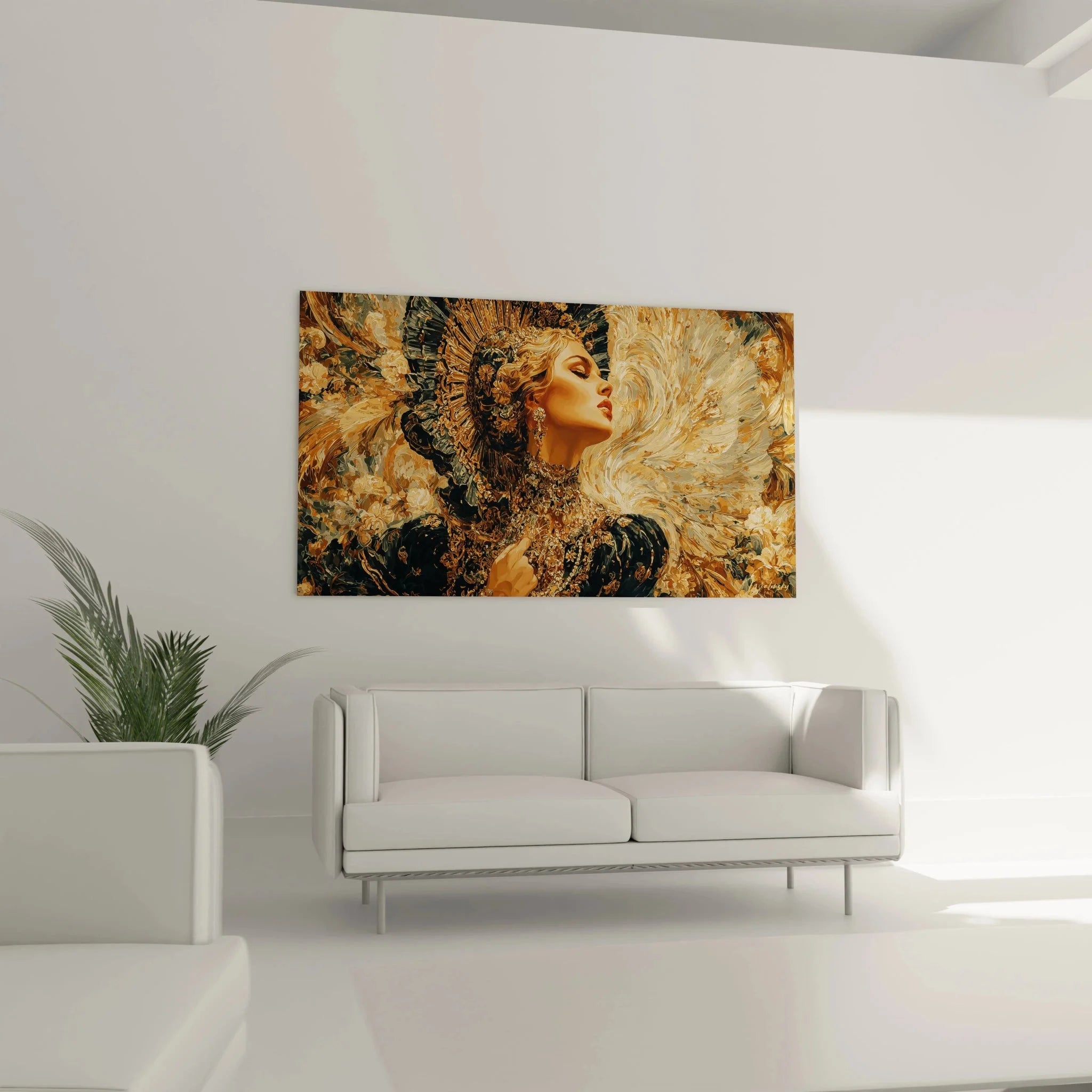 Detailansicht der gotischen Engelsfrau mit goldenen Verzierungen und himmlischer Ausstrahlung