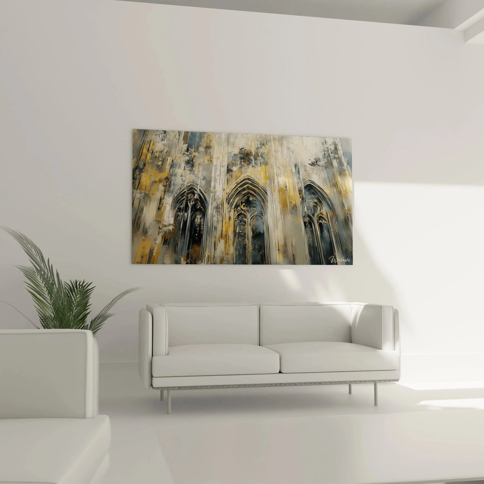 Detailaufnahme gotischer Spitzbogen Wandbild mit impressionistischer Maltechnik in Grau und Ocker