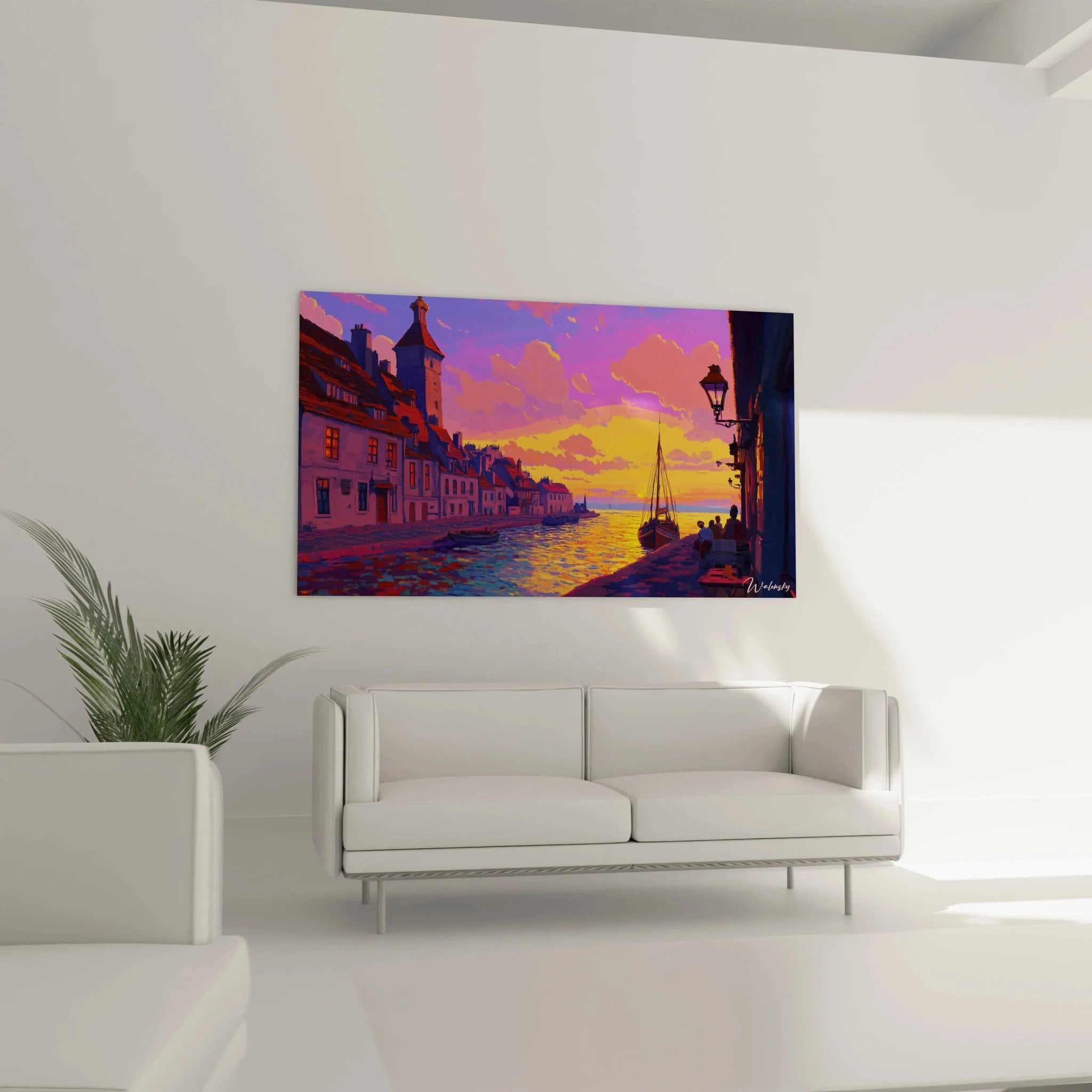 Detailansicht Hafenszene Wandbild mit historischen Gebäuden Segelboot und dramatischen Sonnenuntergang Wolken