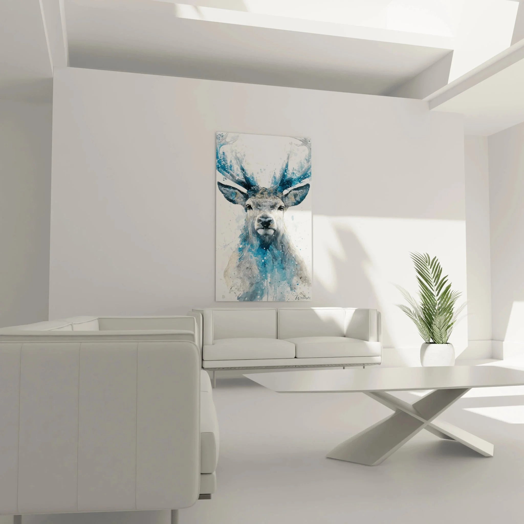 Detailansicht Hirsch Wandbild mit Aquarelltechnik und winterlichen Farbverläufen in Blau und Grau