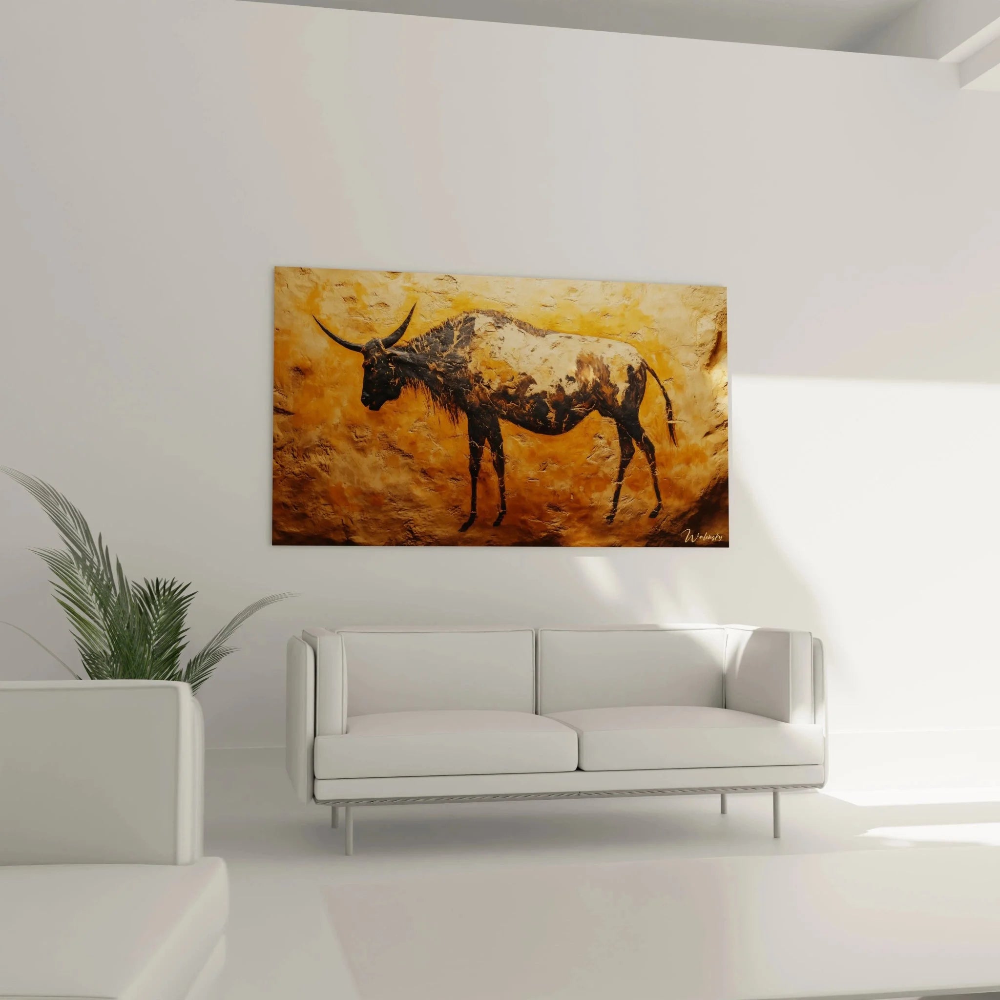 Detailansicht Wandbild prähistorischer Stier, authentische Höhlenmalerei Textur und Farbgebung