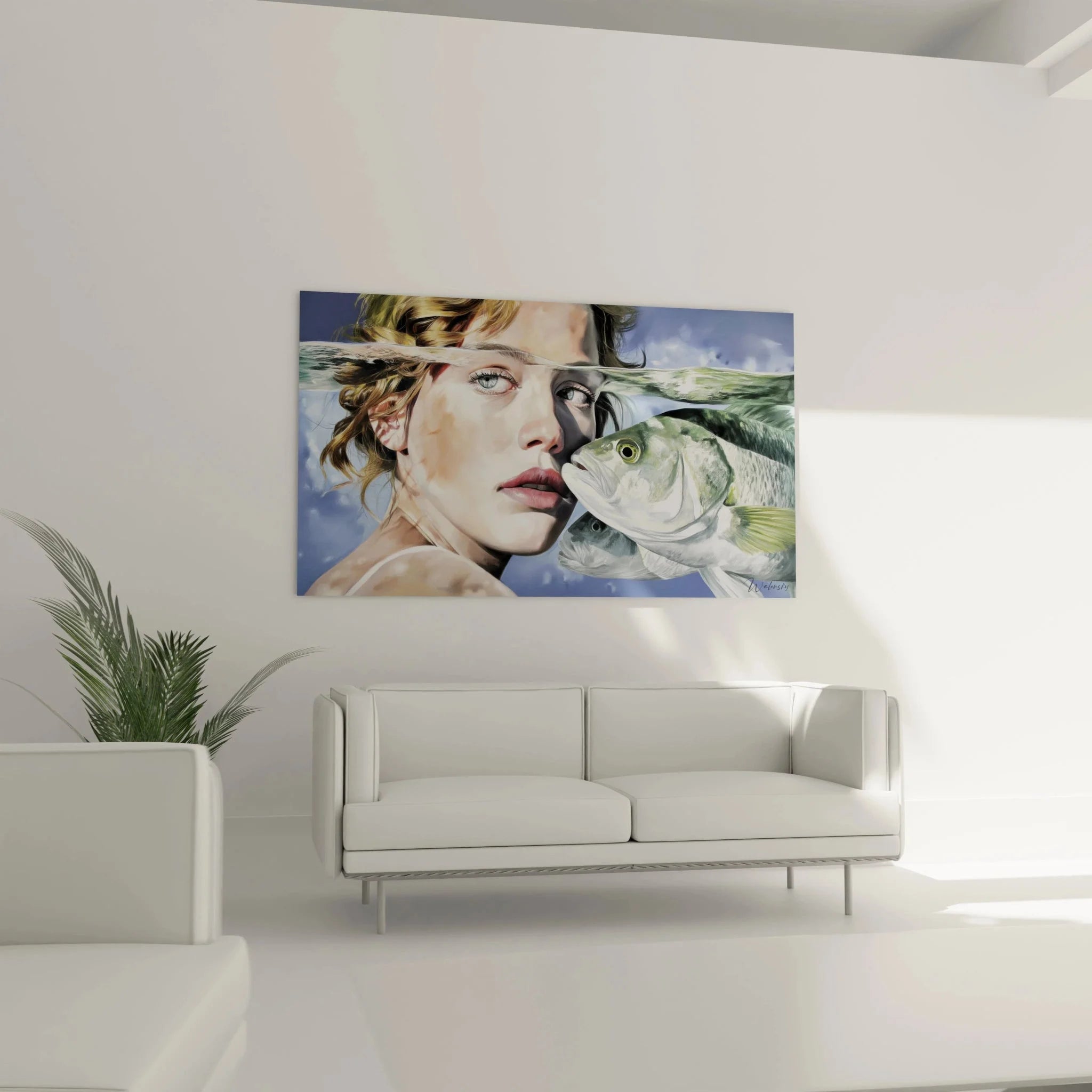 Detailansicht hyperrealistisches Unterwasser Wandbild - präzise Darstellung von Frau und Fisch unter Wasser