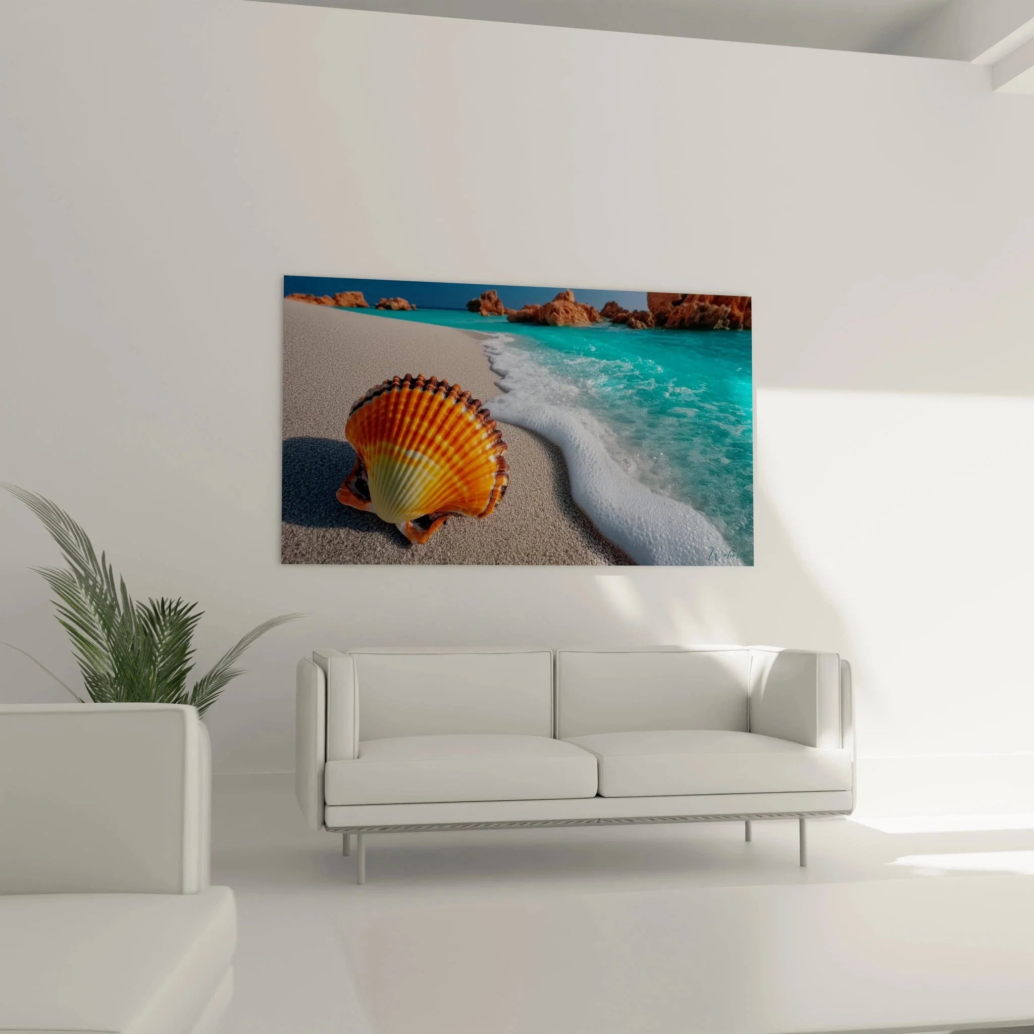 Nahaufnahme Jakobsmuschel am Strand - Detail Wandbild Maritime Dekoration Orange Türkis