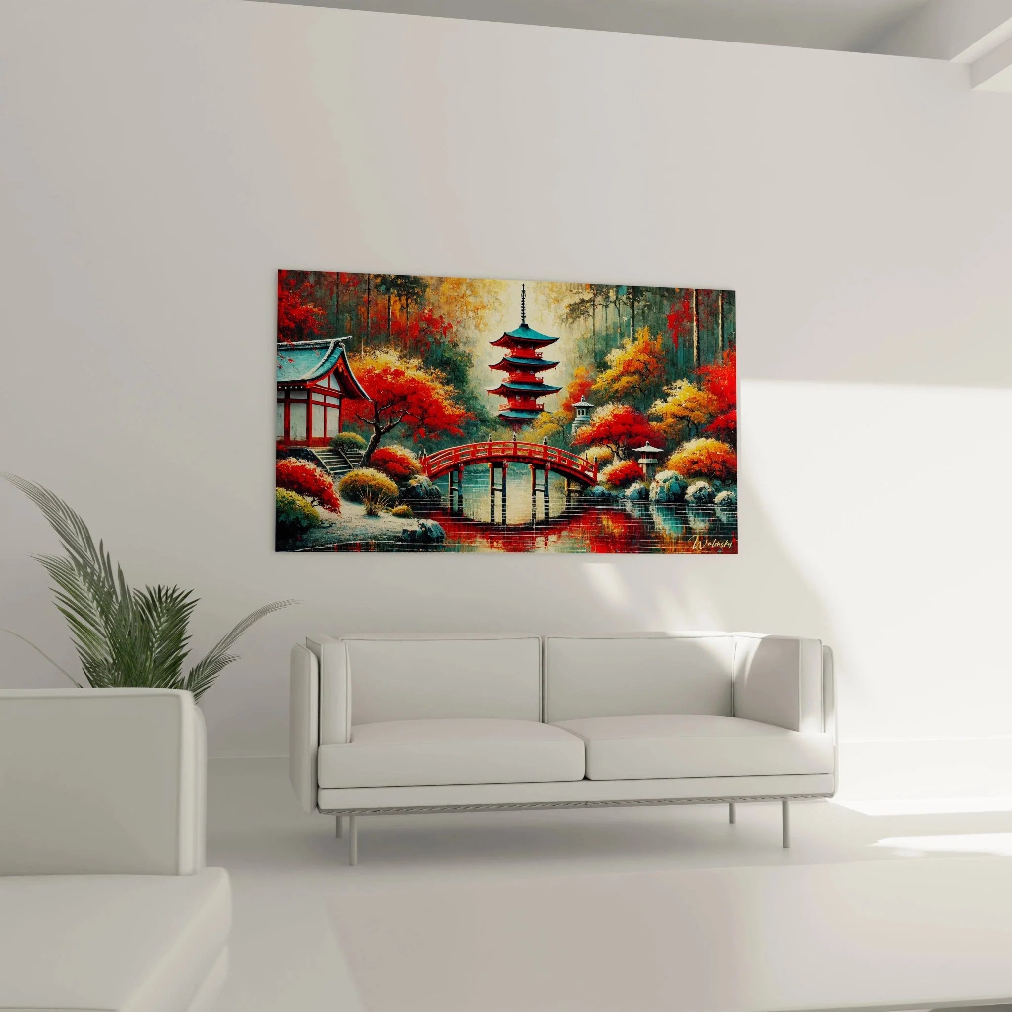 Detailansicht japanische Pagode Wandbild mit herbstlichen Bäumen und Steinlaterne