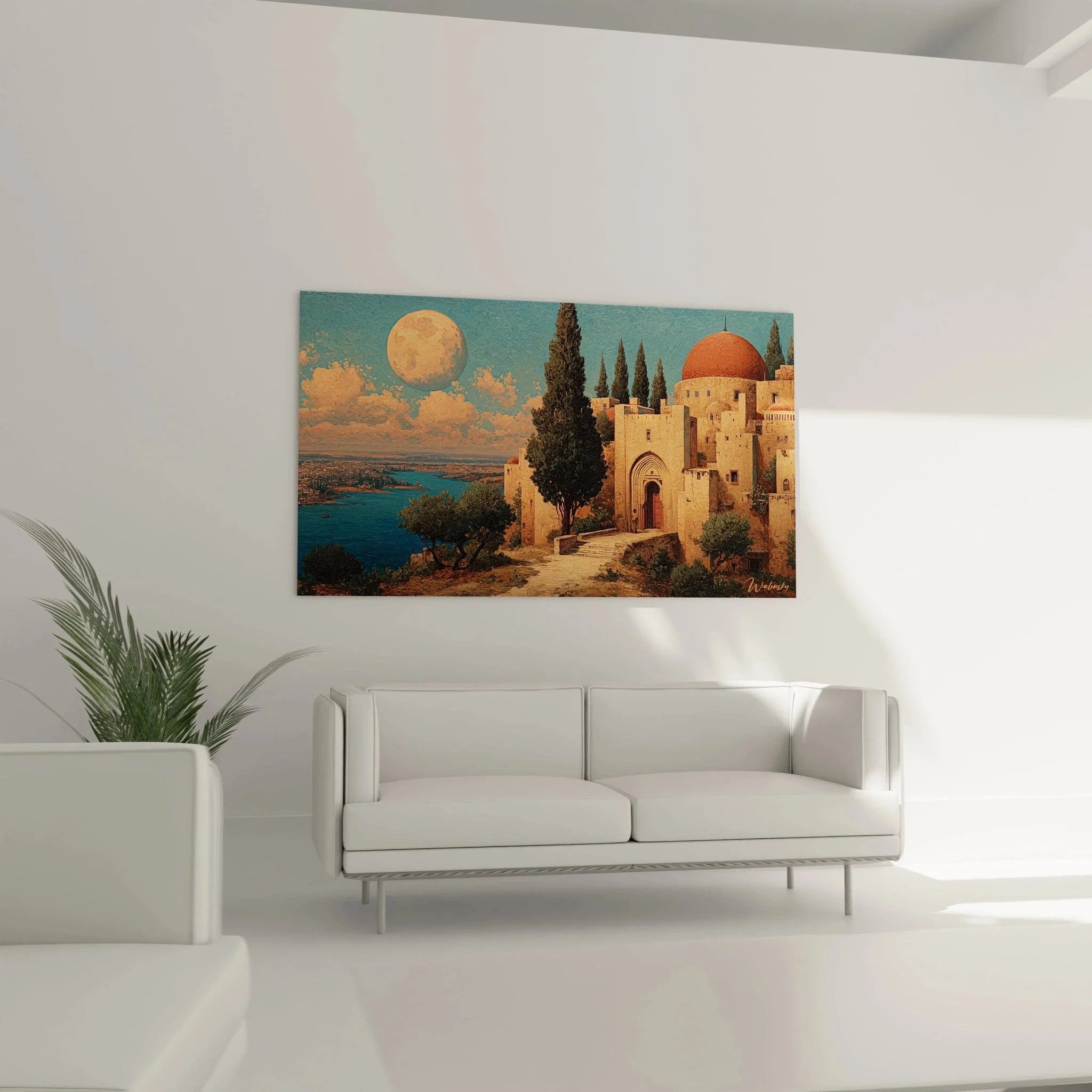 Detailansicht orientalisches Wandbild Jerusalem Kuppel und Steinarchitektur bei Mondschein Orientalismus