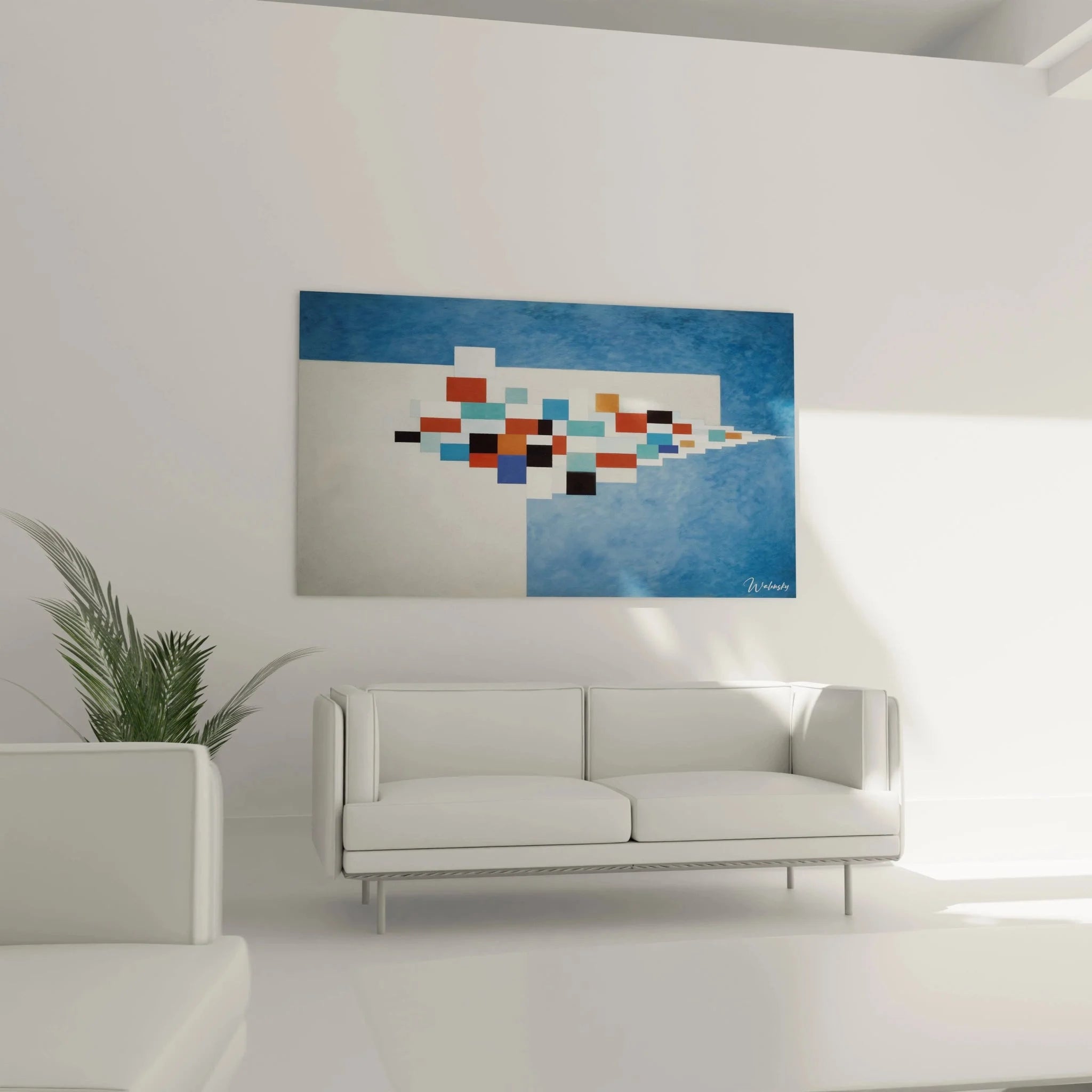 Detailansicht der geometrischen Konstruktivismus Wandkunst mit farbigen Rechtecken und Quadraten