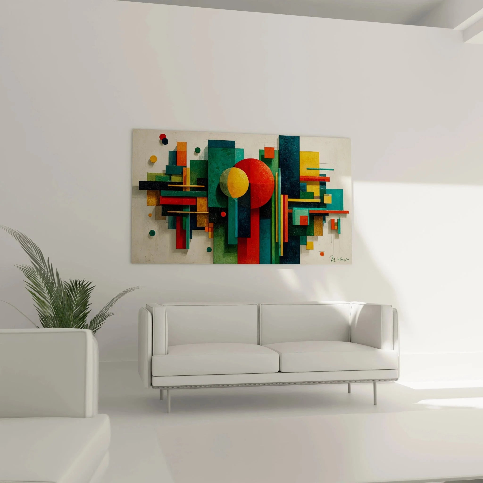 Detailansicht konstruktivistische Wandkunst mit präzisen geometrischen Elementen und Farbverläufen