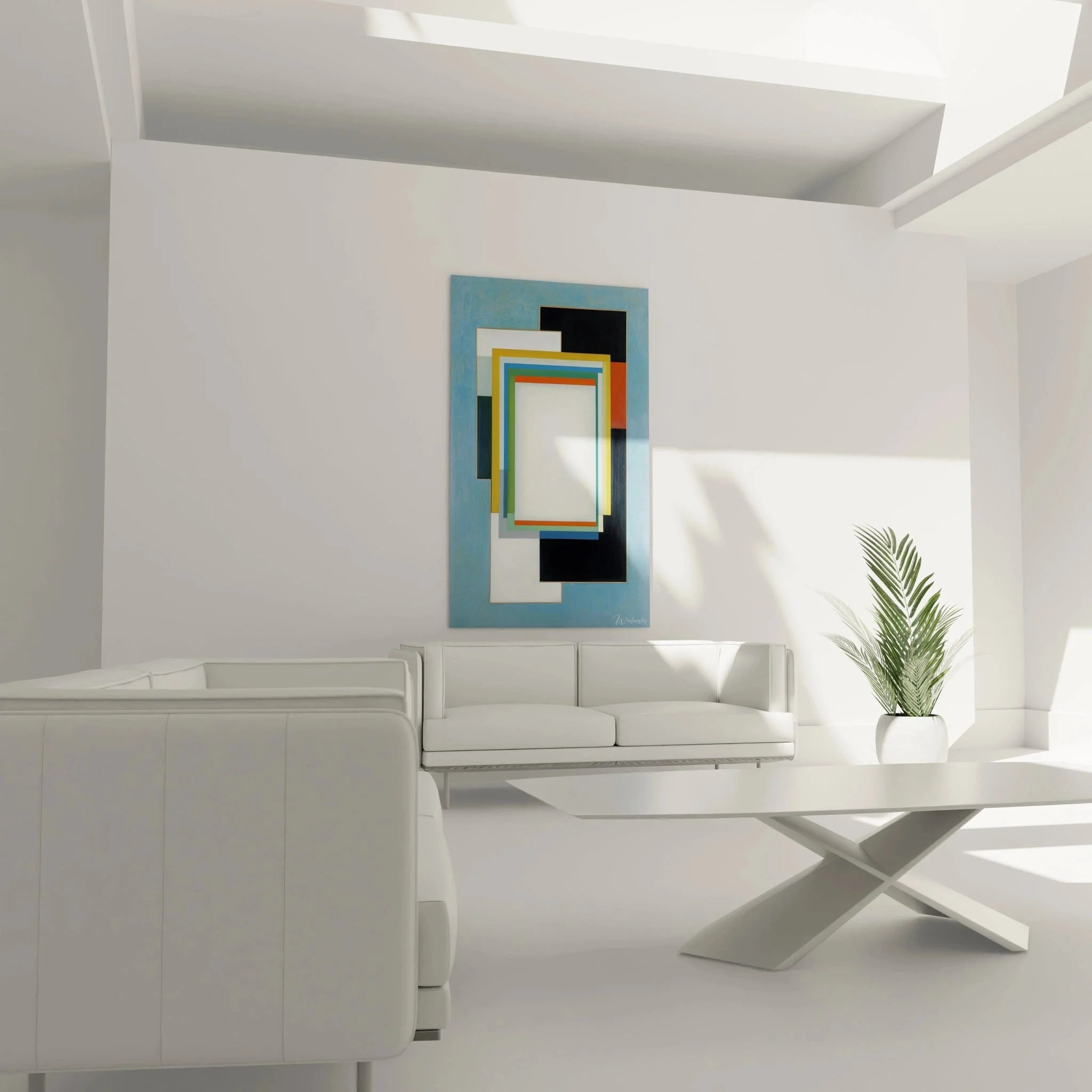 Detailansicht konstruktivistische Wandkunst mit präzisen geometrischen Farbflächen